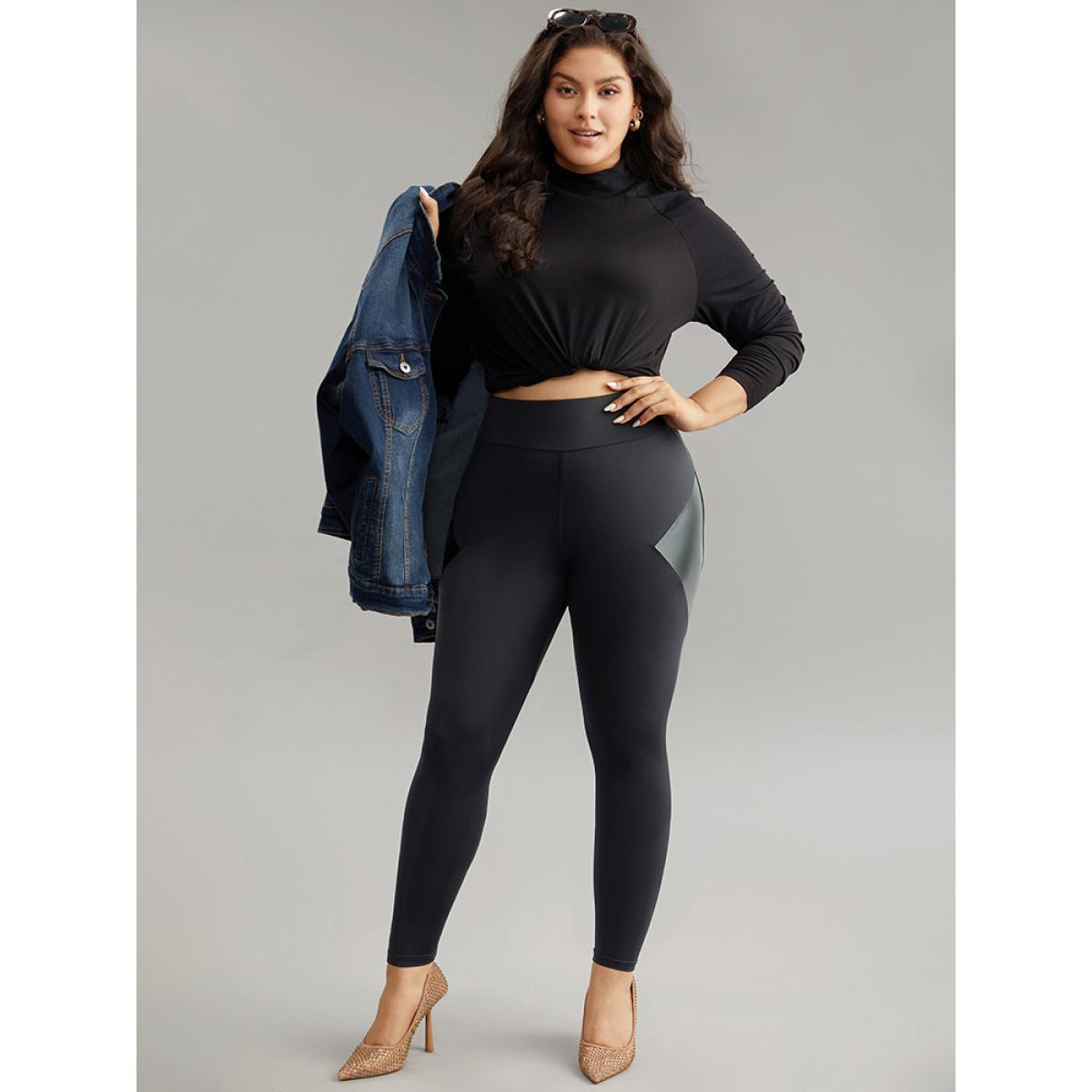 Plus Size Patchwork PU Leather High Rise Leggings Women Black Casual High stretch Skinny High Rise Dailywear Leggings BloomChic 14-16/1X Product Image