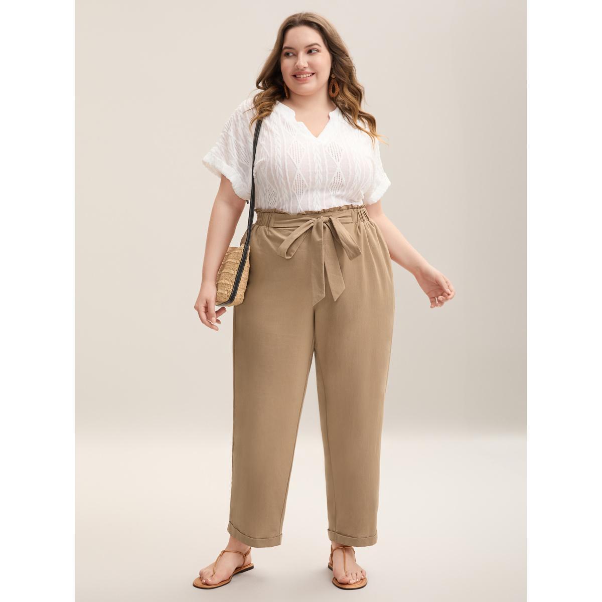 Plus Size Belted Smocked Straight-Leg Pants Women LightBrown Resort Straight Leg Mid Rise Vacation Pants BloomChic 30/6X Product Image