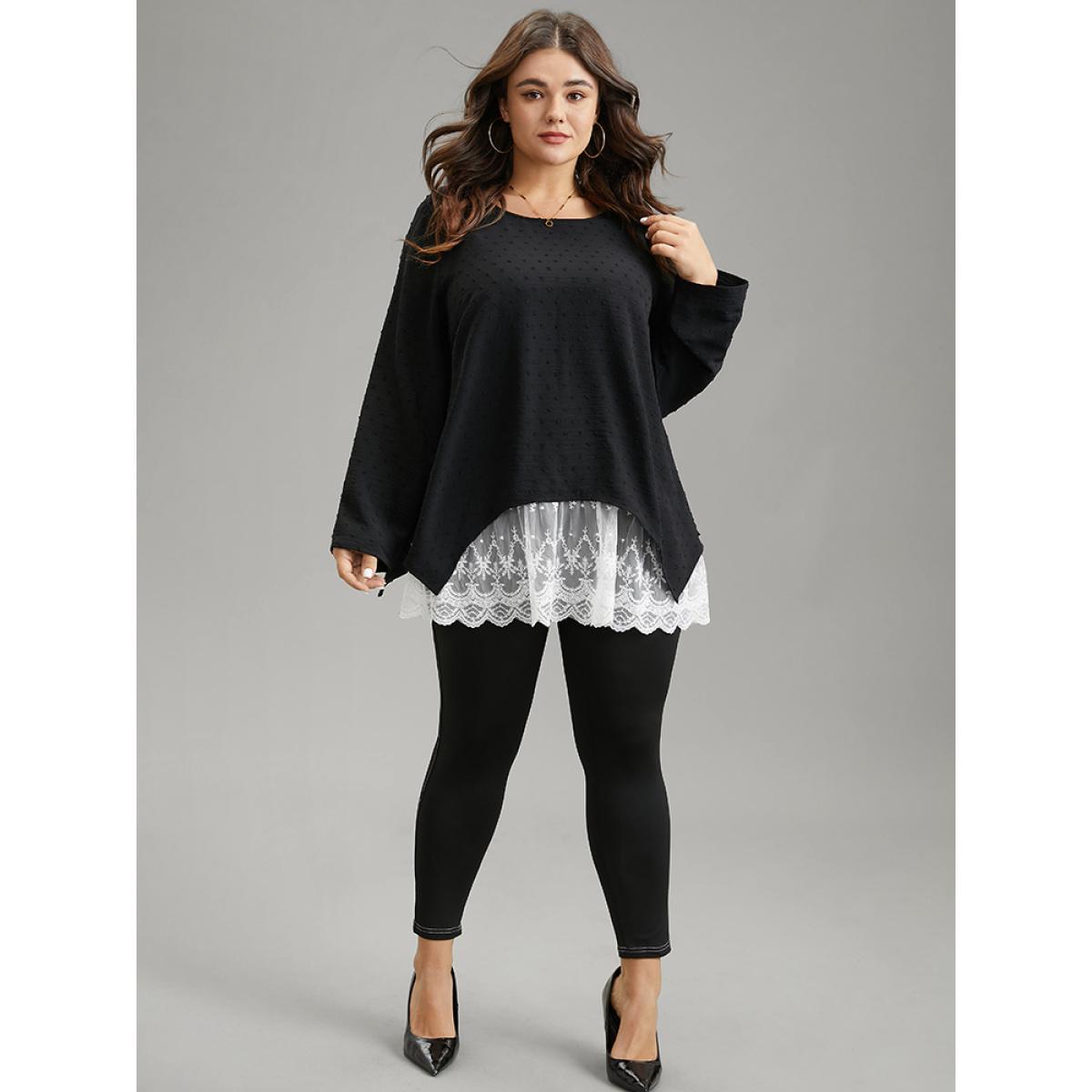 Plus Size Black Crochet Lace Mesh Polka Dot Asymmetrical Hem Blouse Women Elegant Long Sleeve Round Neck Everyday Blouses BloomChic 10/M Product Image