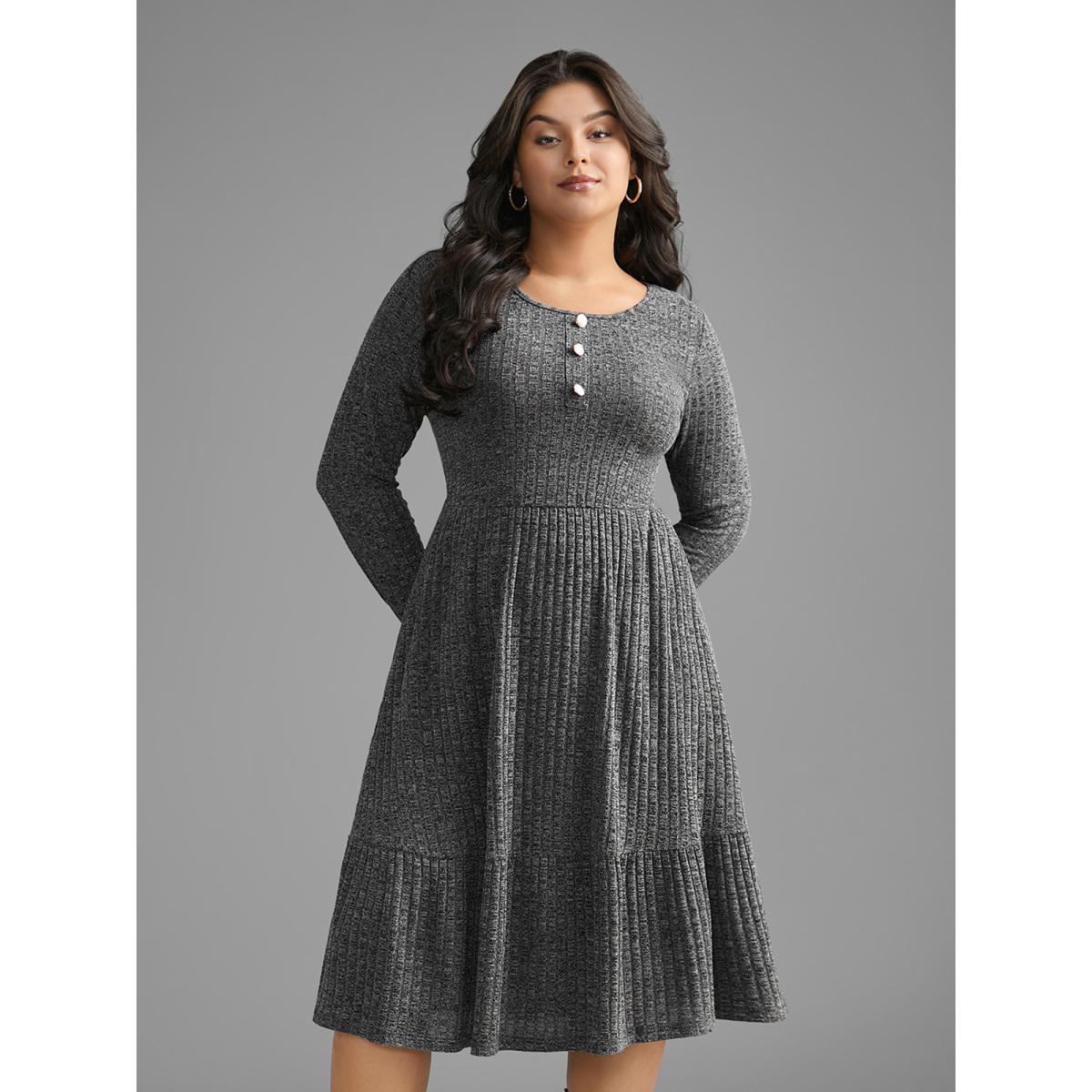 Plus Size Crew Neck Rib Knit Button Detail Dress DimGray Women Casual Texture Knit Dresses Bloomchic 12/L Product Image