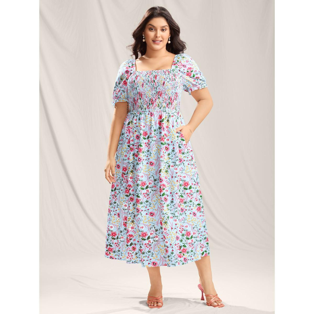 Plus Size Shirred Floral Print Pockets Maxi Dress LightBlue Women Square Neck Short sleeve Curvy BloomChic 26/4X Product Image