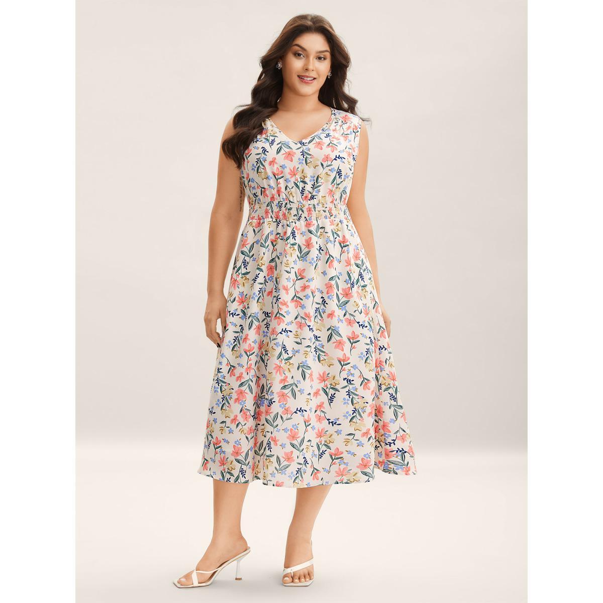 Plus Size Shirred Waist Floral Print Pockets Midi Dress Ivory Women V-neck Sleeveless Curvy BloomChic 12/L Product Image