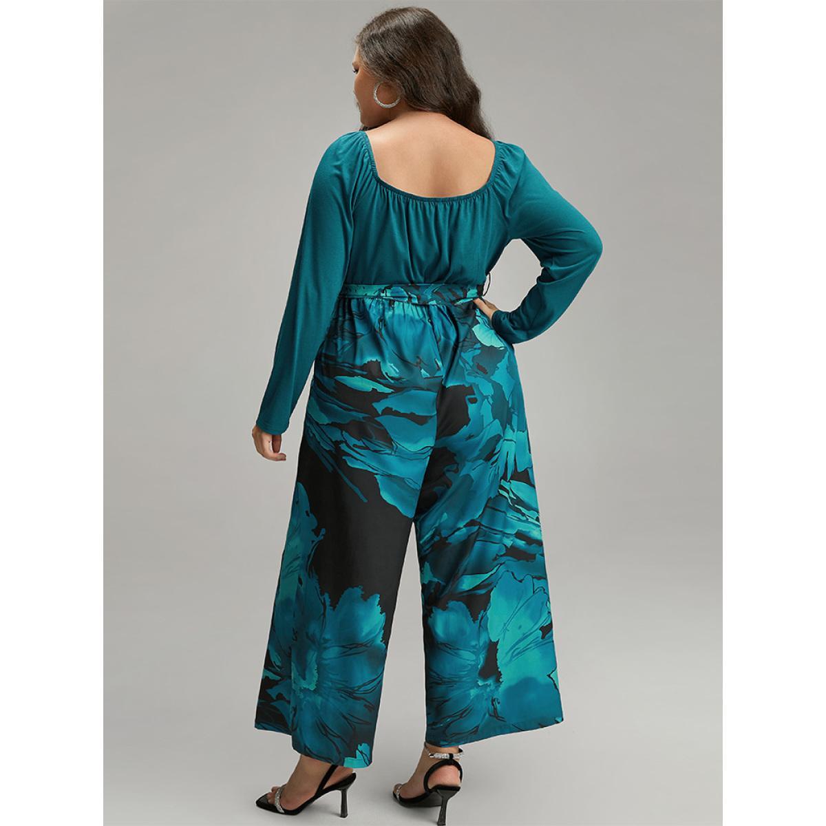 Plus Size Teal Floral Square Neck Gathered Belted Jumpsuit Women Glamour Long Sleeve Square Neck Going out Loose Jumpsuits BloomChic 22-24/3X Product Image