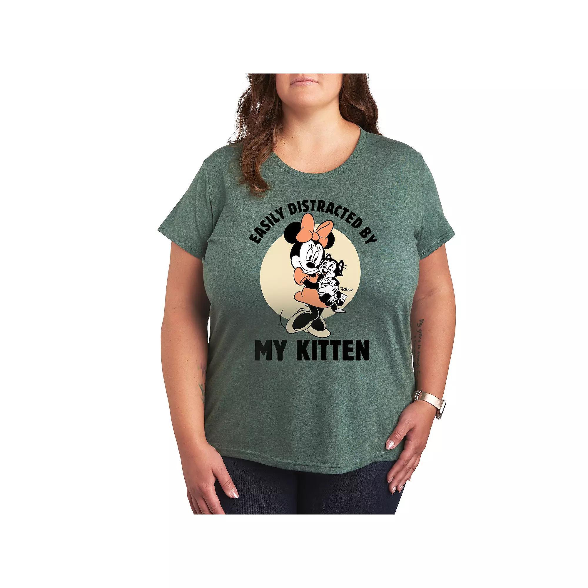 Disneys Minnie Mouse Plus Distracted By Kittens Graphic Tee, Womens Grey Green Product Image