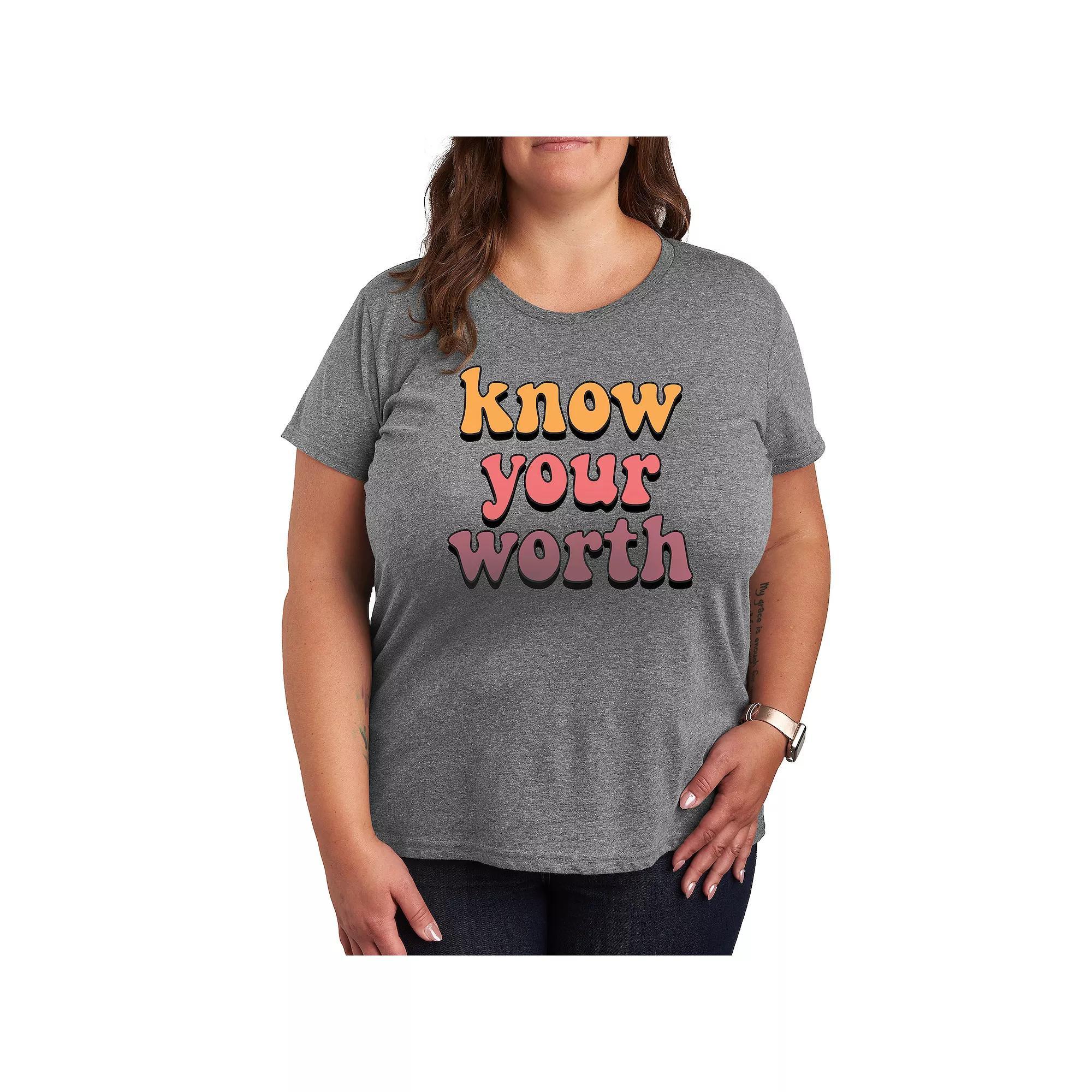 Plus Know Your Worth Graphic Tee, Womens Grey Gray Product Image