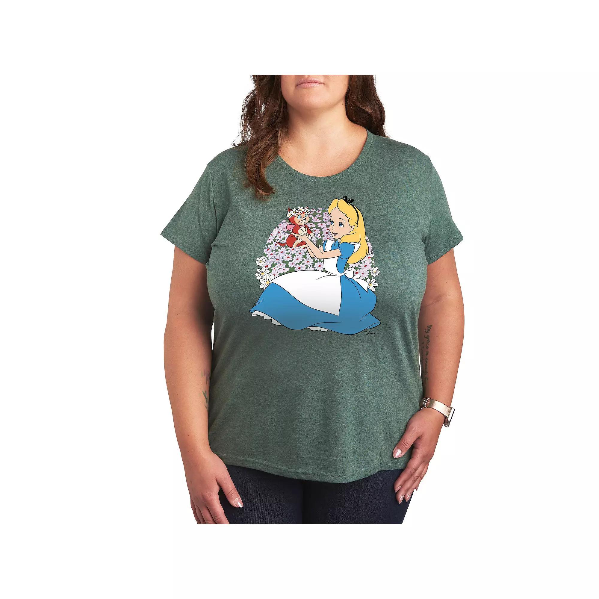Disneys Alice in Wonderland Alice & Dinah Plus Graphic Tee, Womens Grey Green Product Image