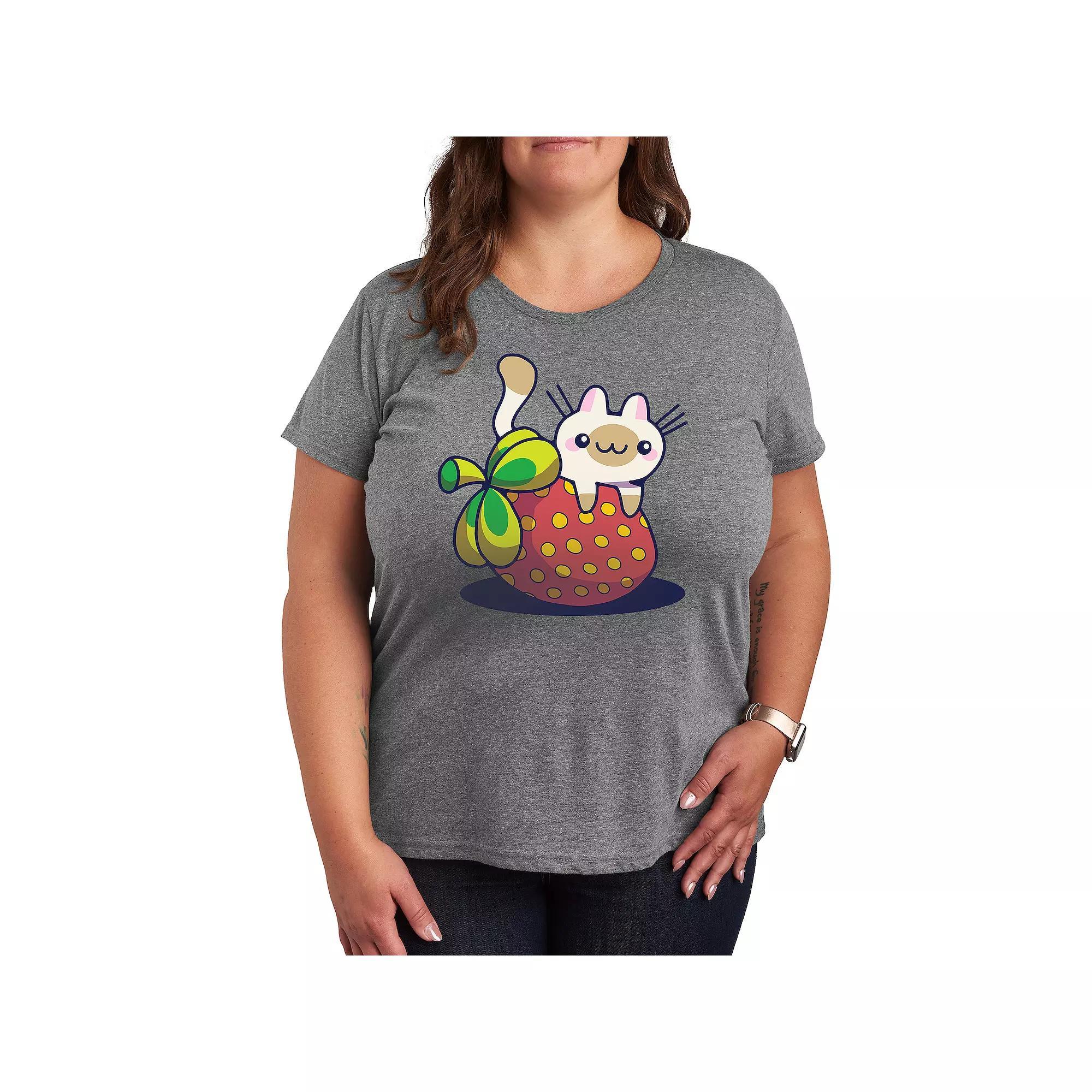 Plus Cat On Strawberry Graphic Tee, Womens Grey Gray Product Image