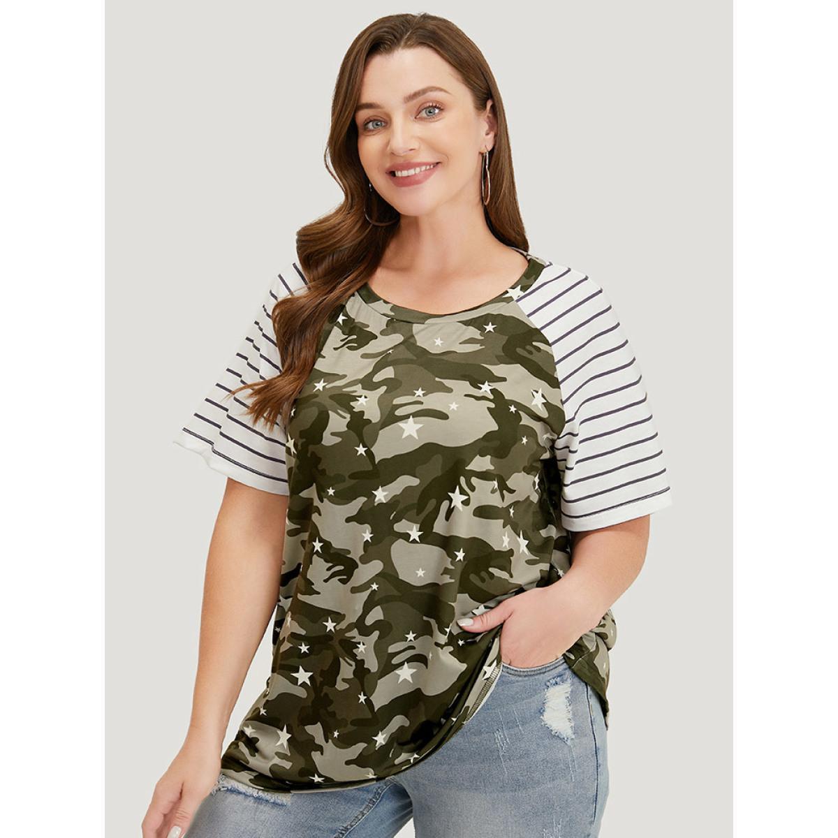 Plus Size Camo & Striped Print Raglan Sleeve T-shirt Multicolor Women Casual Contrast Camo Round Neck Dailywear T-shirts BloomChic 10/M Product Image