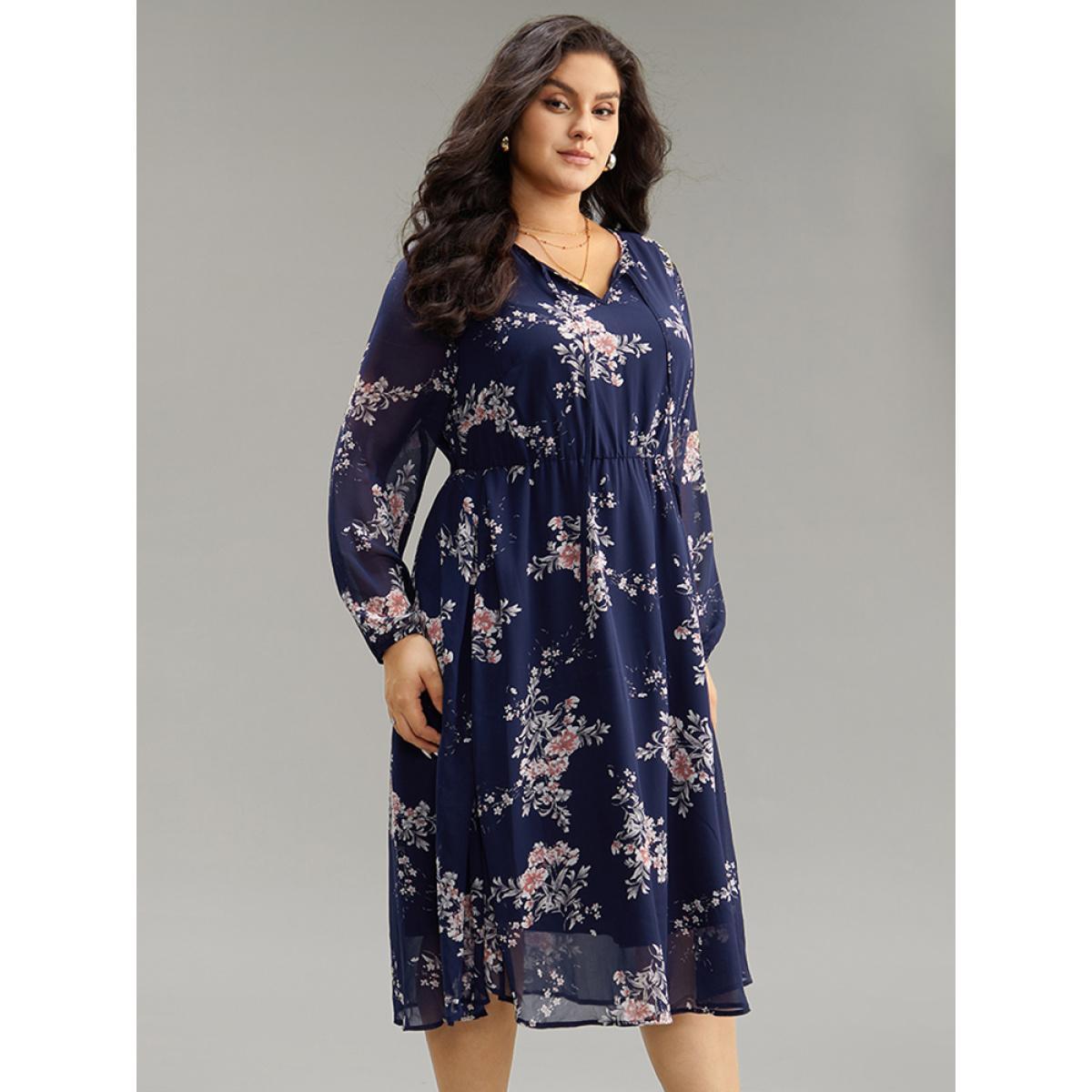 Plus Size Floral Print Knot Neck Pocket Dress DarkBlue Women Elegant See through Tie Neck Long Sleeve Curvy Midi Dress BloomChic 26/4X Product Image