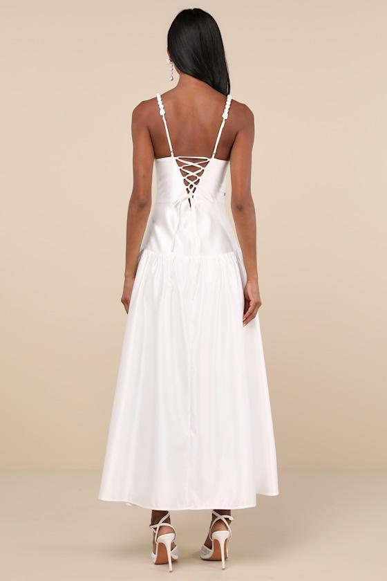 Modern Adoration White Satin Backless Lace-Up Maxi Dress Product Image