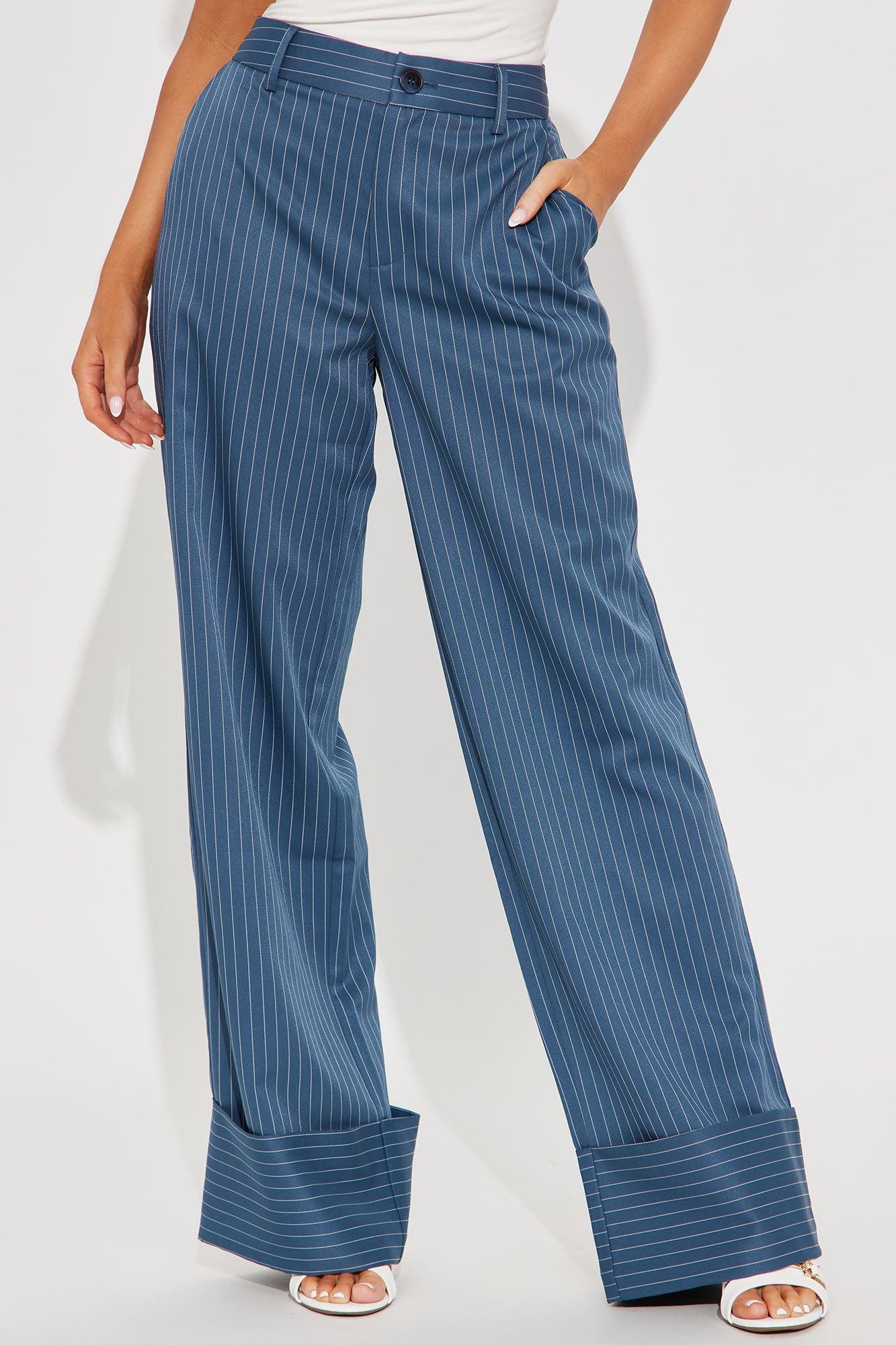 On A Tight Schedule Pinstripe Cuffed Trouser Pant - Blue Product Image