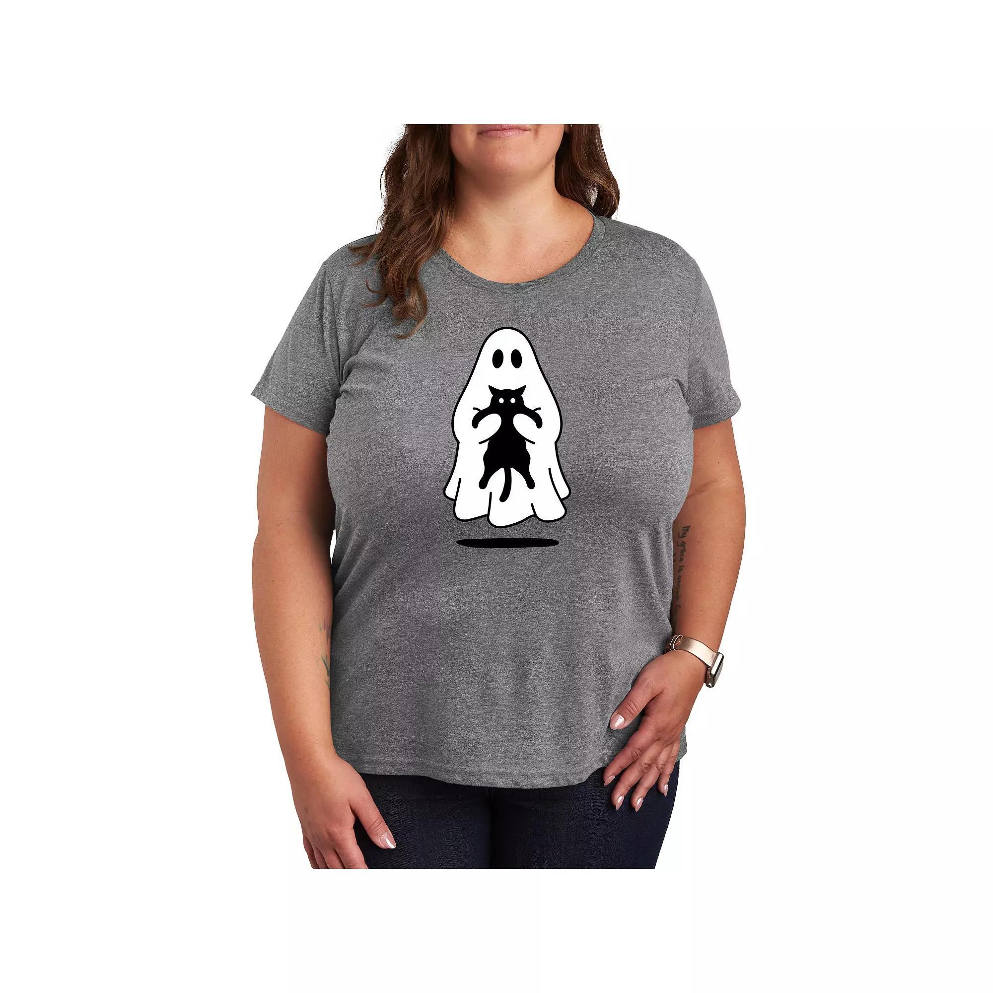 Plus Size Ghost Holding Black Cat Graphic Tee, Womens Grey Gray Product Image