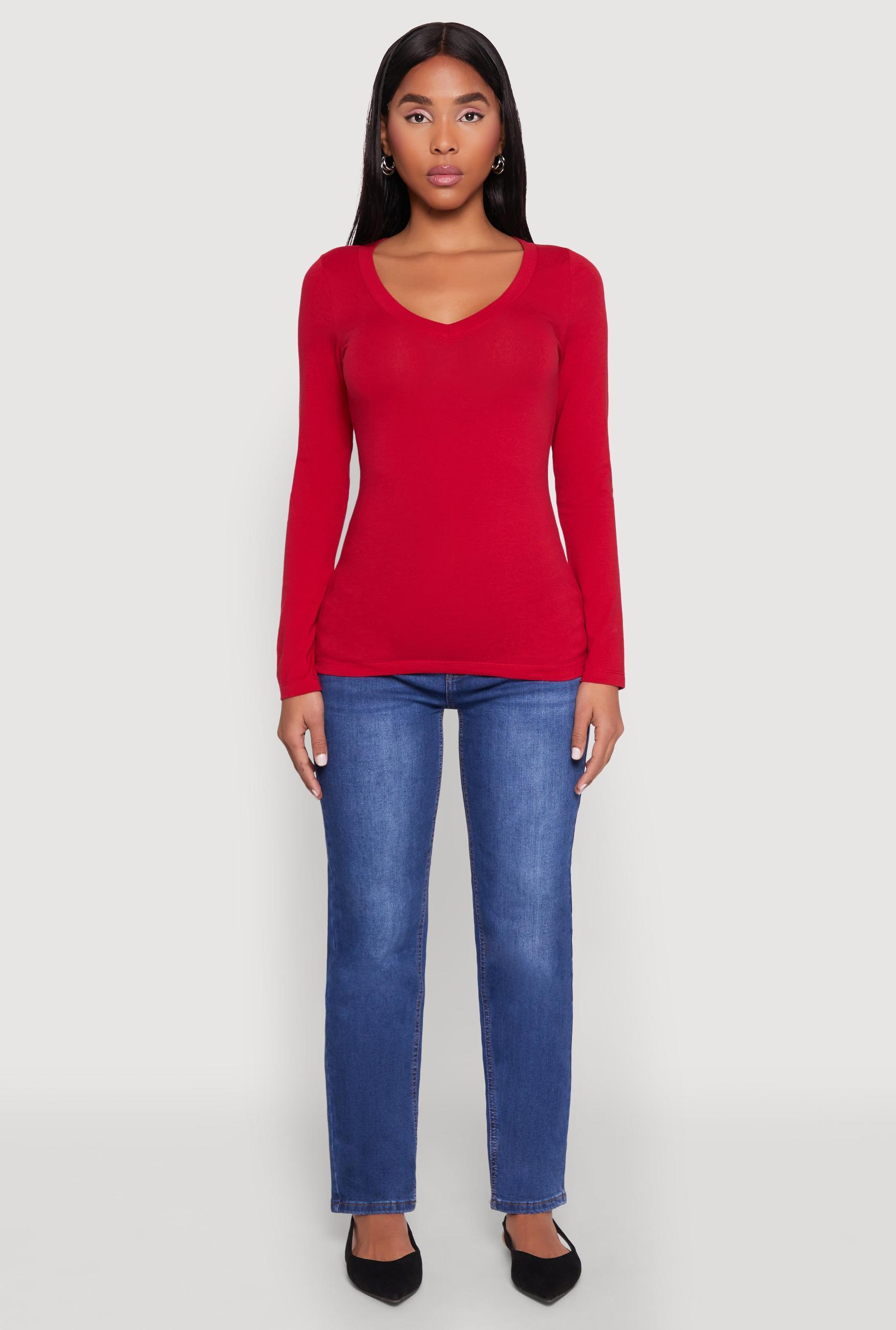 Womens Basic Long Sleeve V Neck Tee Product Image