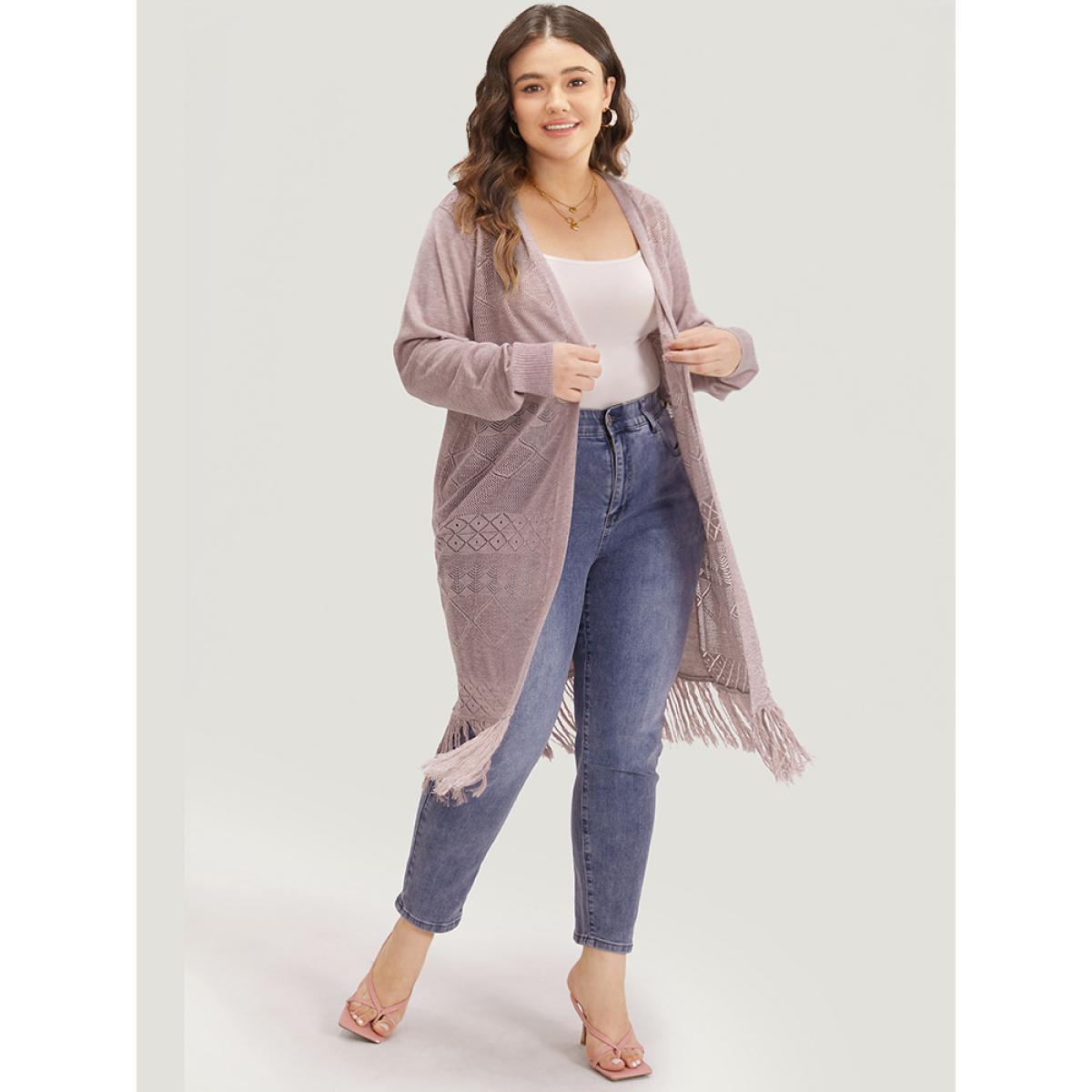 Plus Size Geometric Eyelet Fringe Trim Open Front Cardigan WhiteSmoke Women Casual Loose Long Sleeve Dailywear Cardigans BloomChic 26/4X Product Image