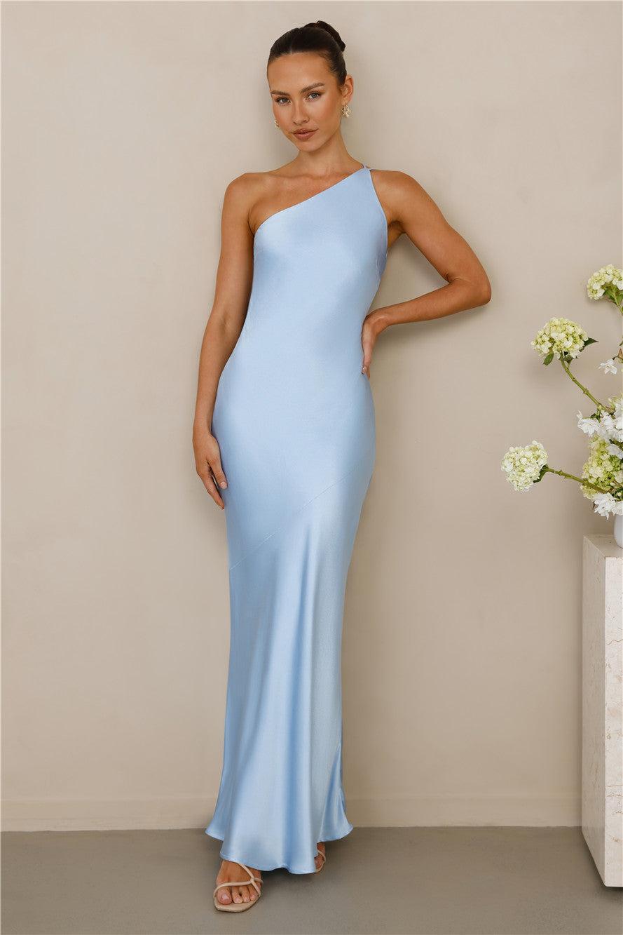 The Evangeline One Shoulder Satin Maxi Dress Blue Product Image
