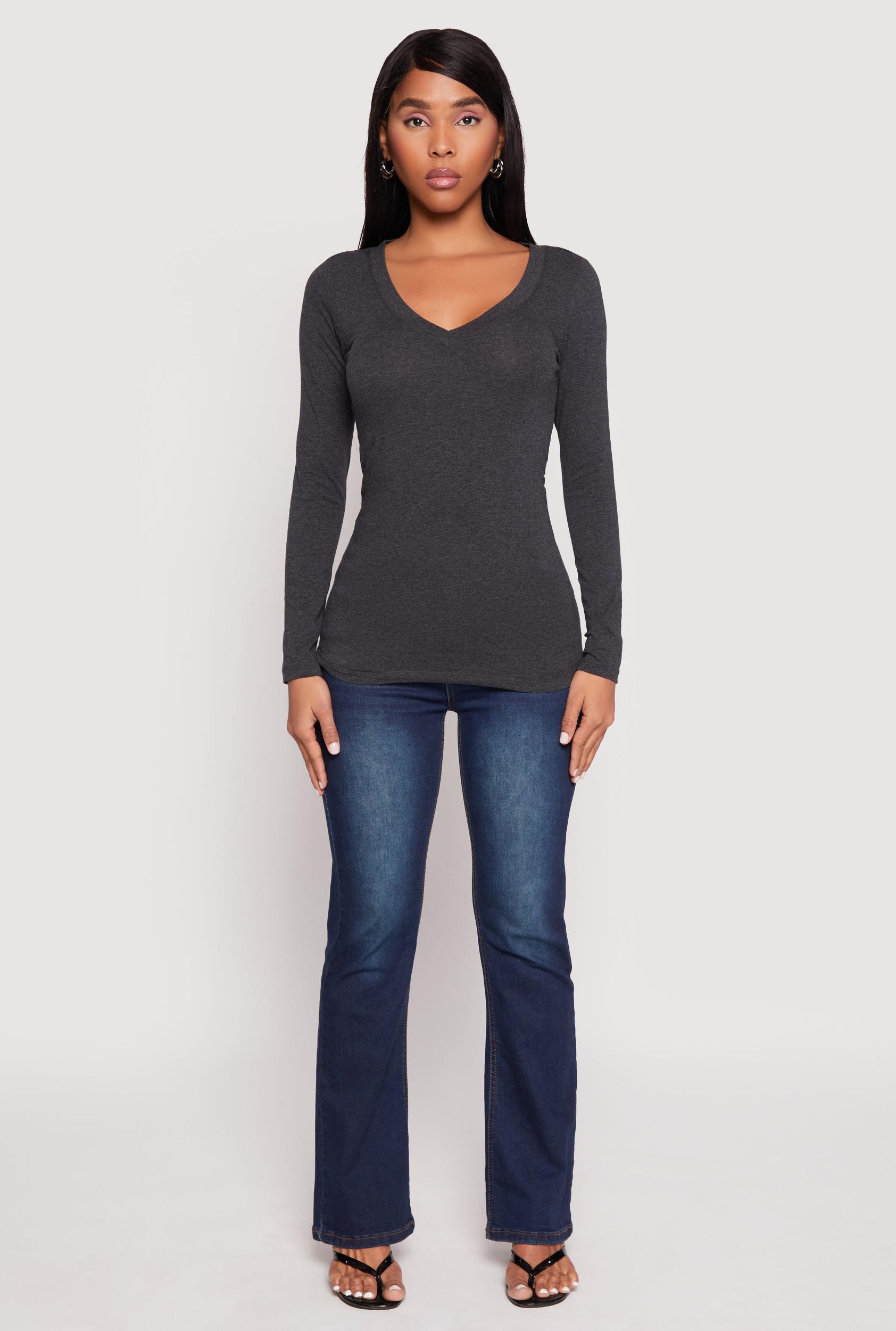 Womens Basic Long Sleeve V Neck Tee Product Image