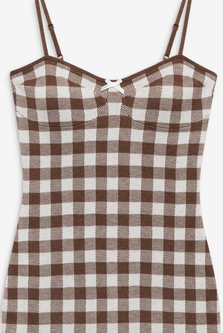 Gingham Knit Mini Dress — Neutral Product Image