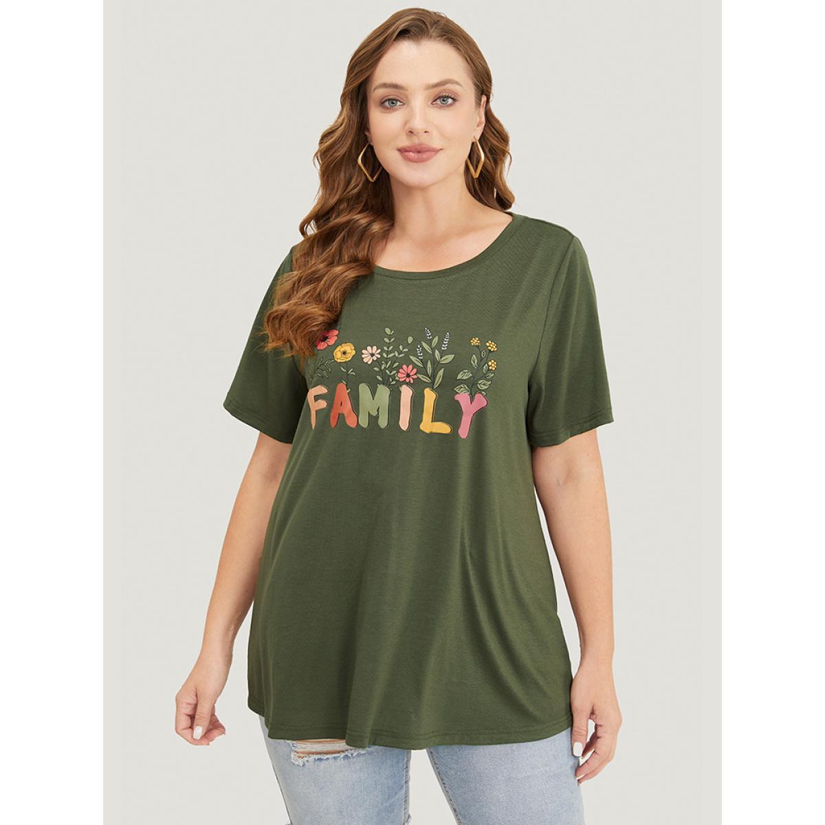 Plus Size Floral And Letter Graphic Drop Shoulder Tee ArmyGreen Women Casual Letter Dailywear T-shirts BloomChic 18-20/2X Product Image