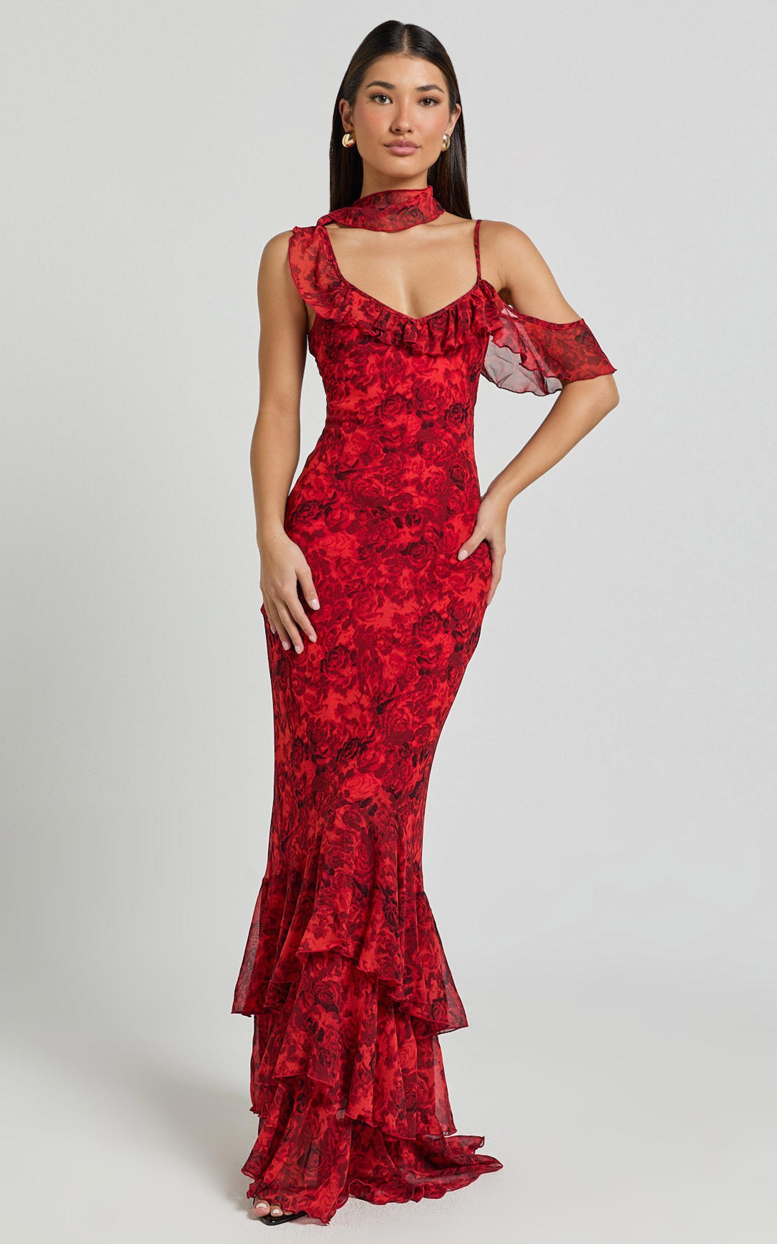 Riley Maxi Dress - Asymmetric Ruffle Detail Maxi Dress in Red Rose Print Product Image