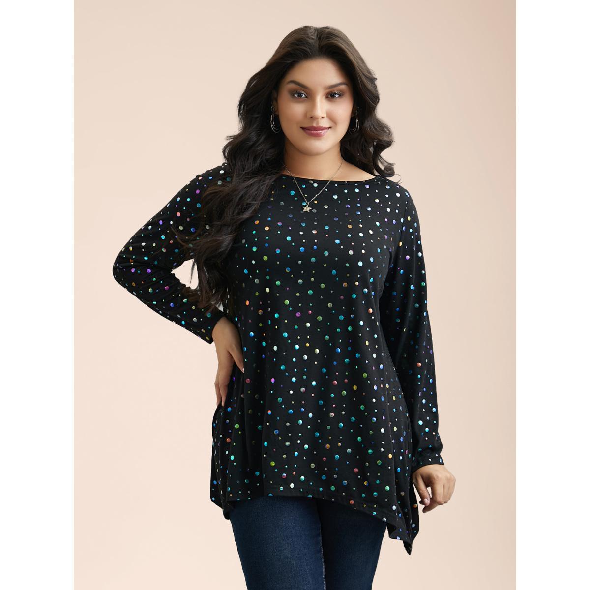 Plus Size Multi-Color Dots Boat Neck T-Shirt Black Women Casual Contrast Boat Neck Everyday T-shirts BloomChic 10/M Product Image