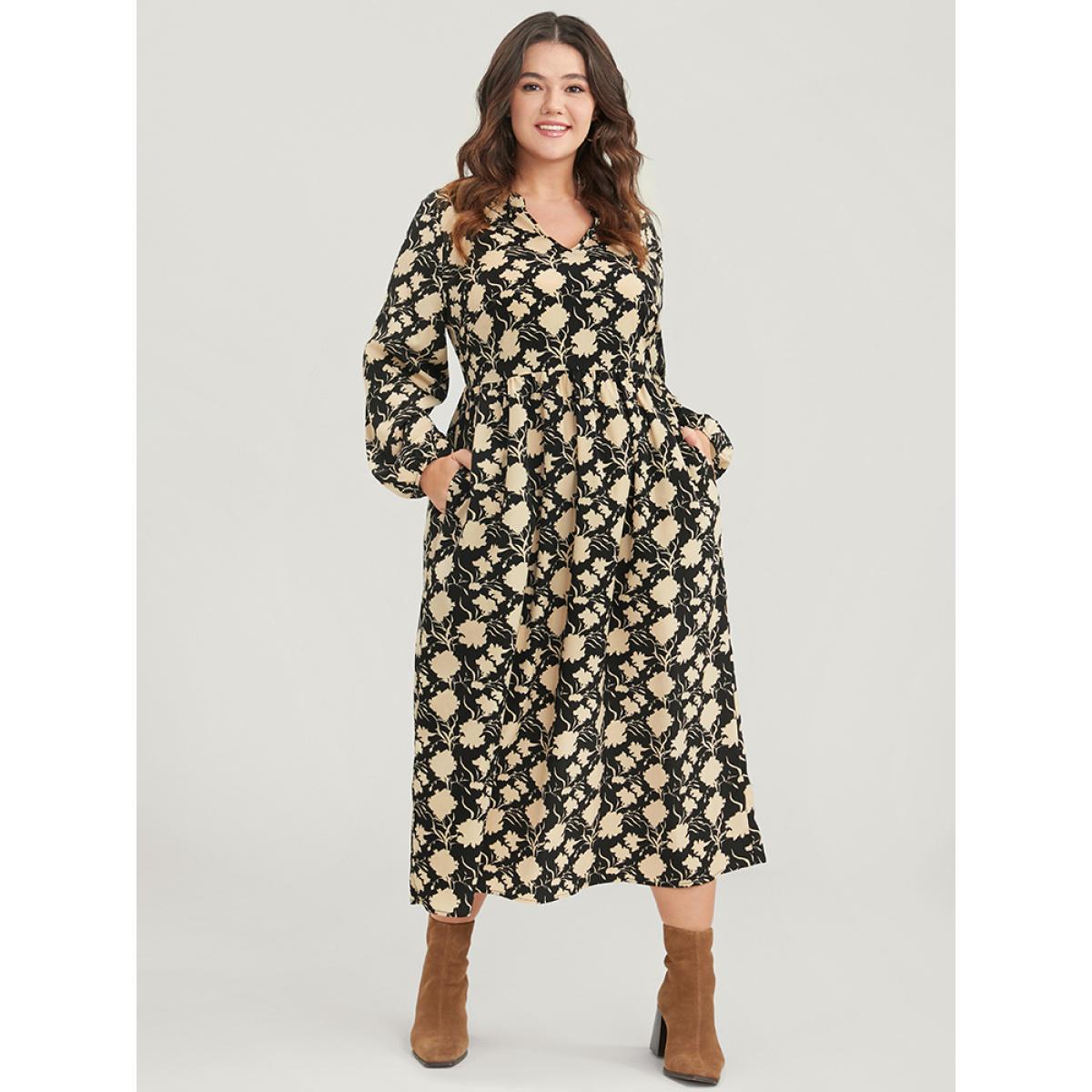 Plus Size Floral Lantern Sleeve Pocket V Neck Midi Dress Black Women Elegant Elastic Waist V-neck Long Sleeve Curvy Midi Dress BloomChic 14-16/1X Product Image