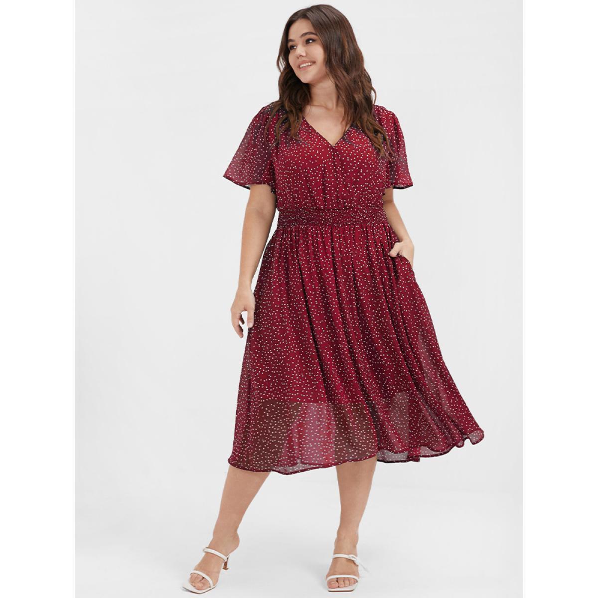 Polka Dot Printed Plus Size Women Midi Dress Dailywear Ruffle Sleeve Short Sleeve V Neck Pocket Elegance Dresses BloomChic Product Image