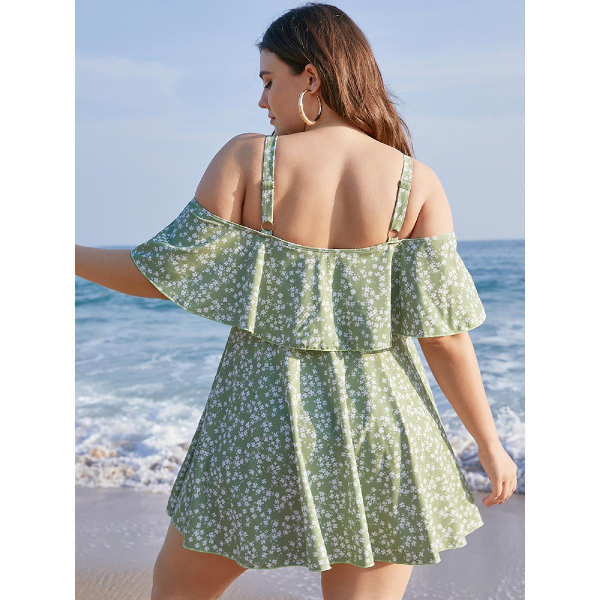 Plus Size Ditsy Floral Cold Shoulder Sculpt Waist Ruffles Swim Dress Women's Swimwear Mint Beach Bodycon One-shoulder neck High stretch Curve Swim Dresses BloomChic 18-20/2X Product Image