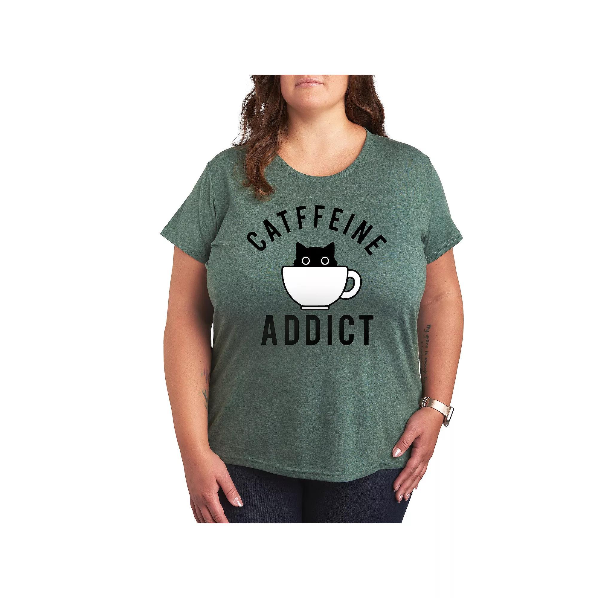 Plus Catffeine Addict Graphic Tee, Womens Grey Green Product Image