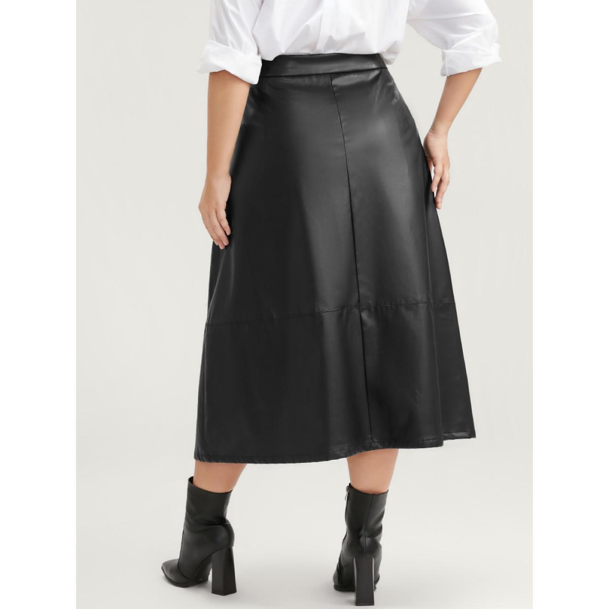 Plus Size PU Leather Button Detail Skirt Women Black Glamour Button Low stretch Going out Skirts BloomChic 28/5X Product Image