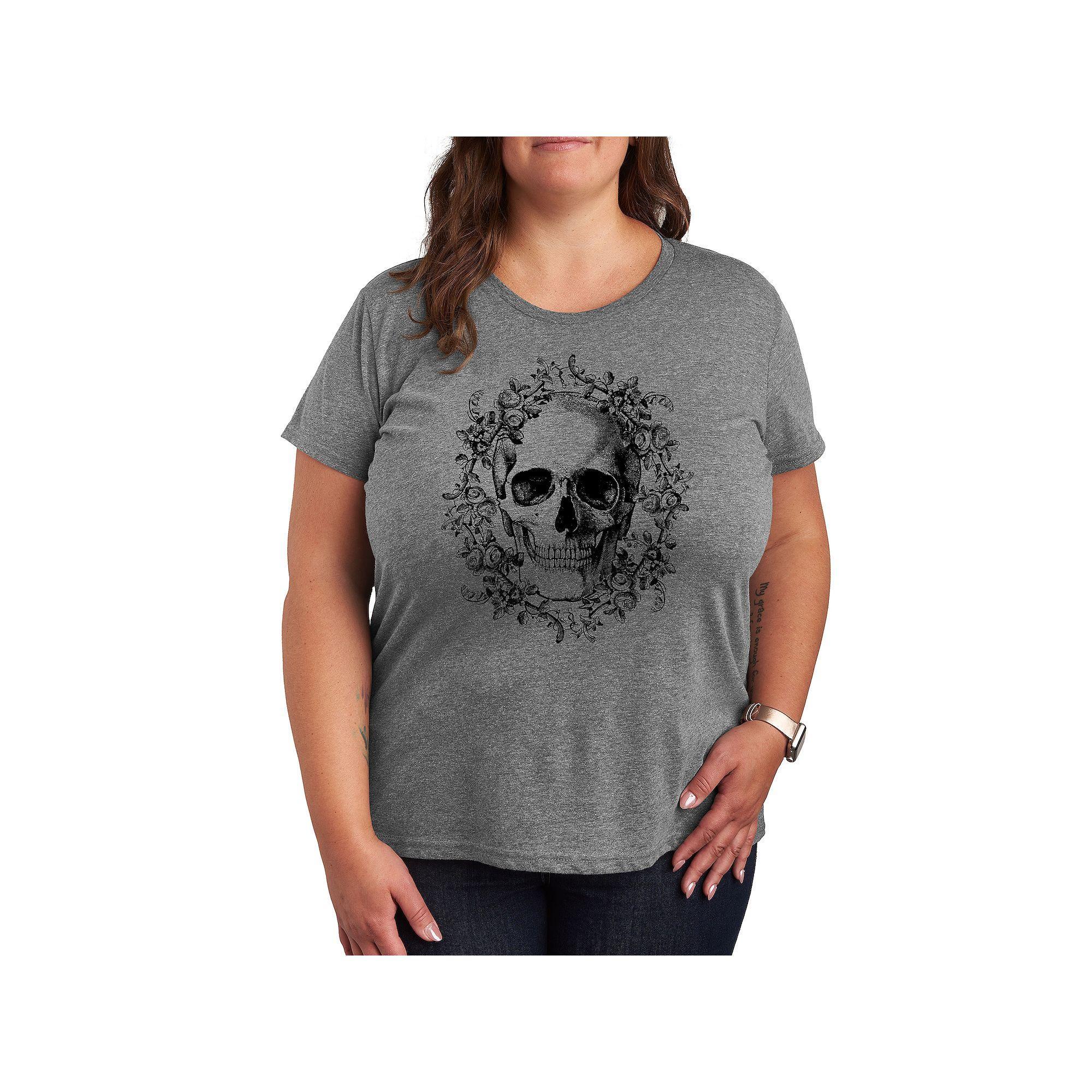 Plus Size Skull Wreath Graphic Tee, Womens Grey Gray Product Image