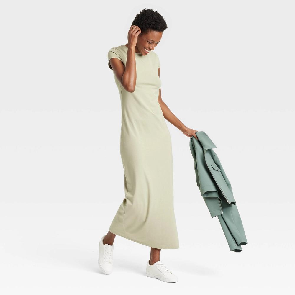 Women's Short Sleeve Knit Maxi Dress - A New Day™ Olive XS: Cotton Modal Spandex Blend, Crew Neck, Pullover Product Image