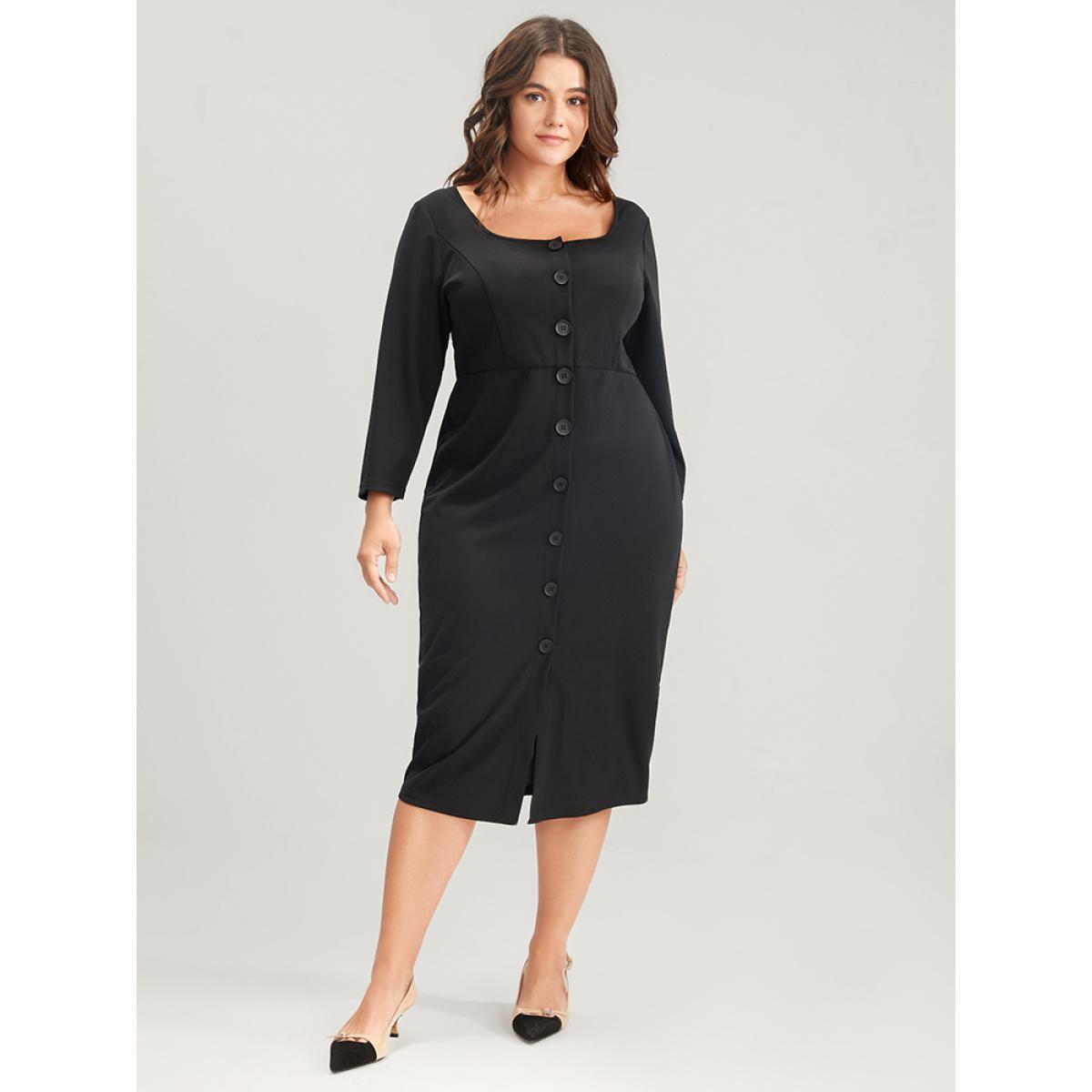 Plus Size Solid Square Neck Button Up Bodycon Midi Dress Black Women Office Button Square Neck Elbow-length sleeve Curvy Midi Dress BloomChic 18-20/2X Product Image