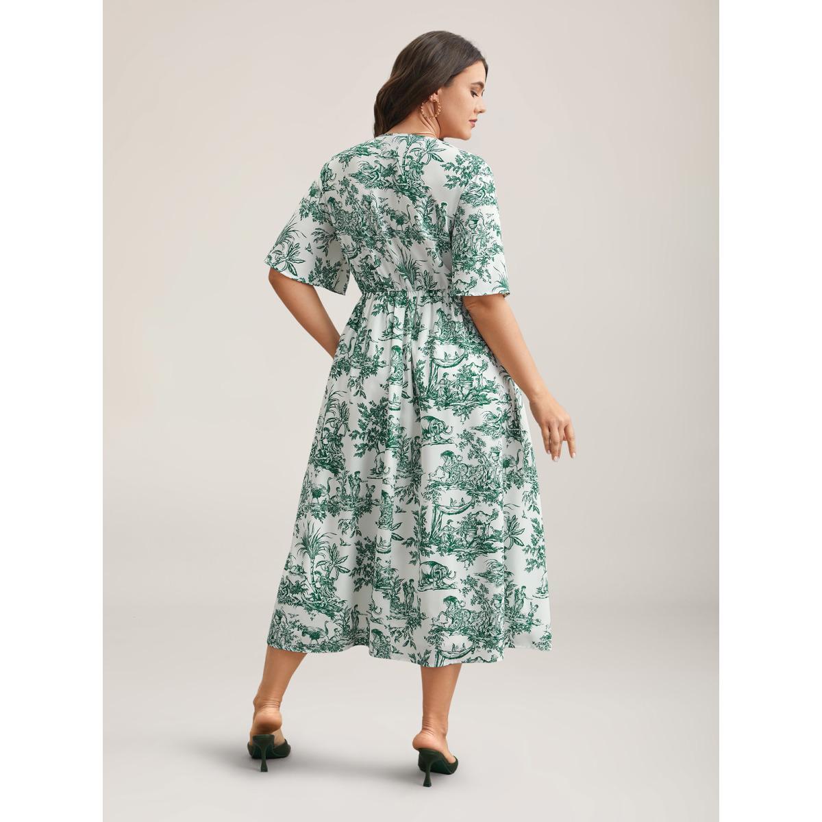 Plus Size Forest Print Waist-Cinched Surplice Neck Dress Emerald Women Elegant Non Overlap Collar Half Sleeve Curvy BloomChic 10/M Product Image