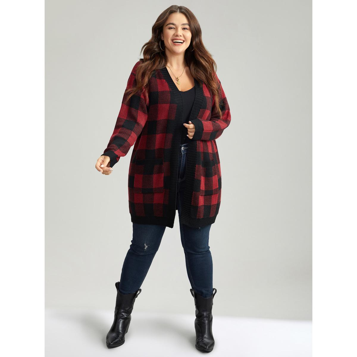 Plus Size Plaid Patched Pocket Loose Cardigan Scarlet Women Casual Loose Long Sleeve Everyday Cardigans BloomChic 28/5X Product Image