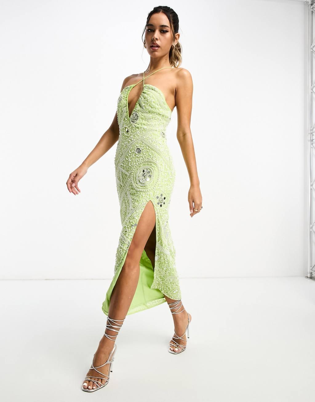 ASOS DESIGN embellished halter midi dress with white beading detail Product Image