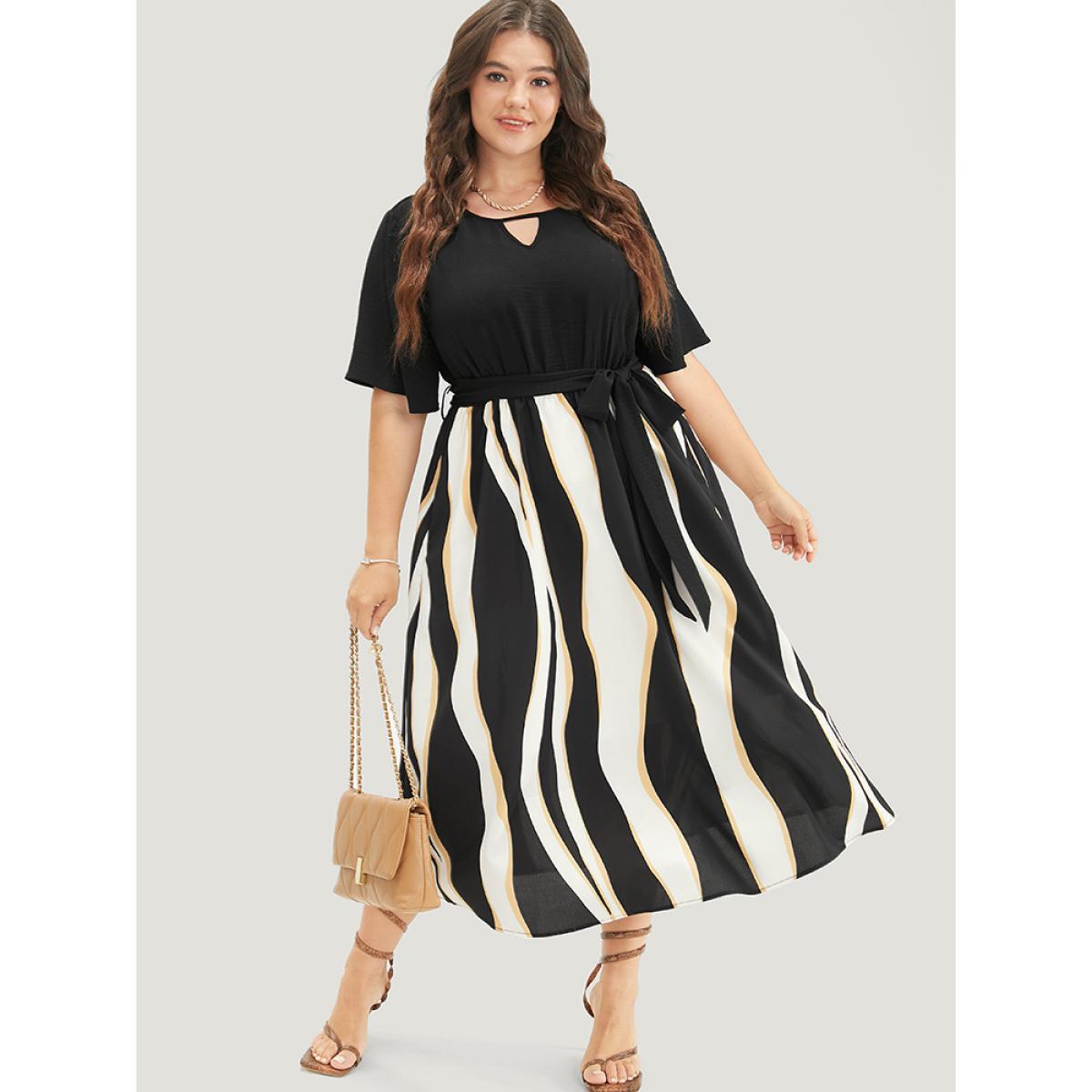 Plus Size Striped Patchwork Ruffle Sleeve Pocket Belted Keyhole Dress Black Women Office Lined Keyhole Cut-Out Short sleeve Curvy Midi Dress BloomChic 28/5X Product Image