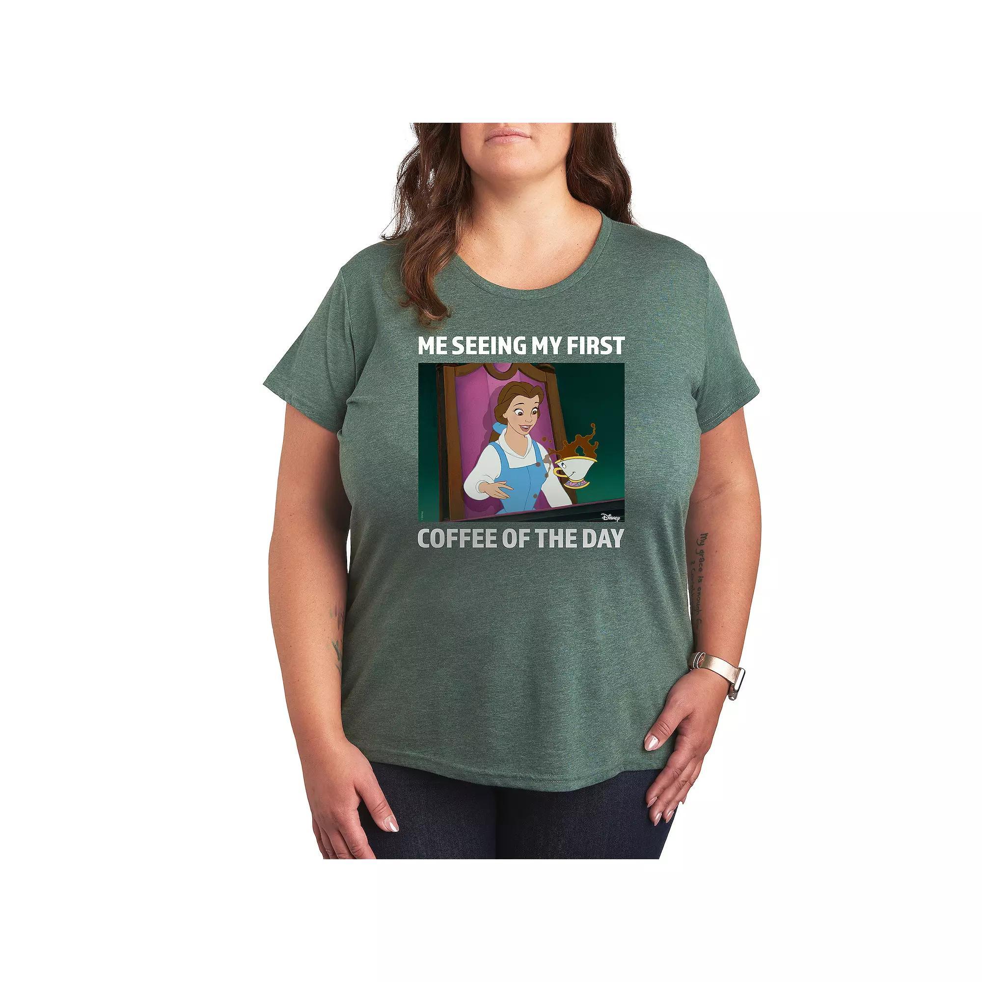Disney Princess Belle Plus First Coffee Of The Day Meme Graphic Tee, Womens Grey Green Product Image