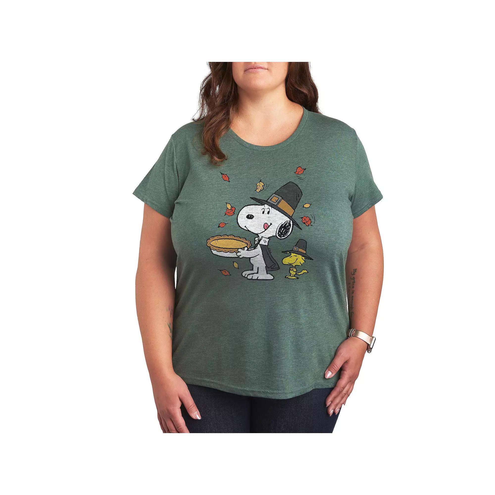 Plus Peanuts Snoopy and Woodstock Thanksgiving Scene Graphic Tee, Women's, Size: 2XL, Grey Green Product Image