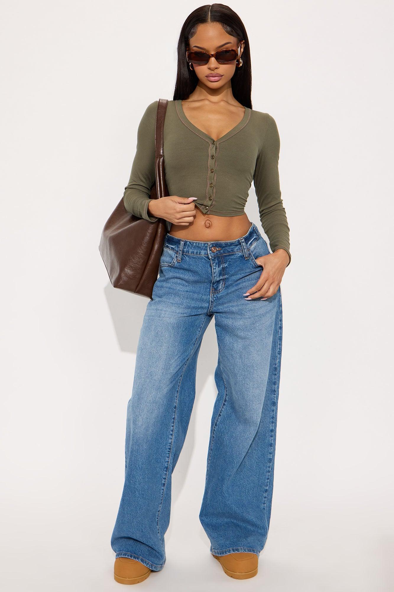 Mila Cropped Ribbed Long Sleeve Top - Olive Product Image