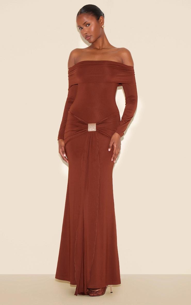  Chocolate Bardot Long Sleeve Trim Drape Detail Maxi Dress Product Image