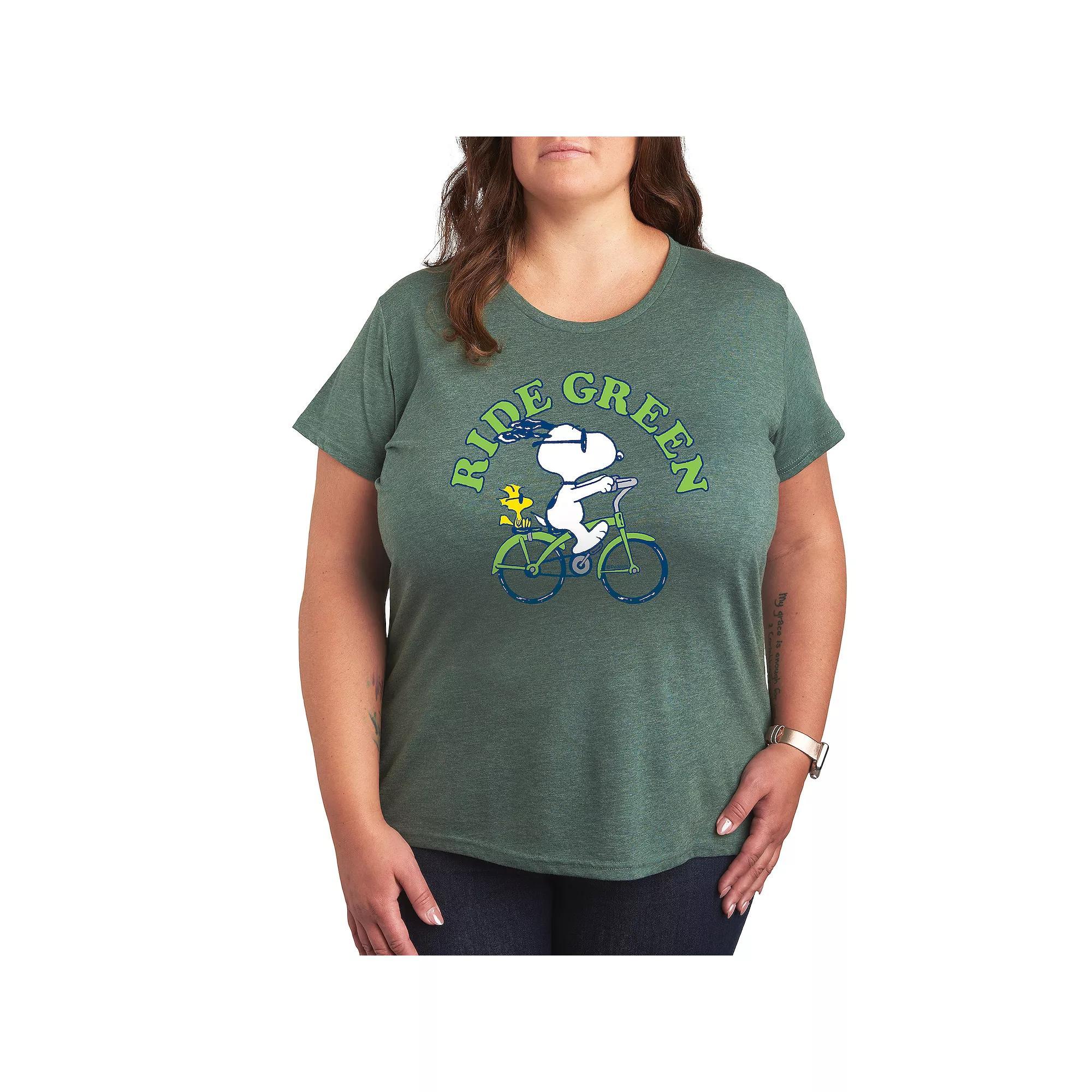 Plus Peanuts Snoopy & Woodstock Ride Green Graphic Tee, Womens Product Image