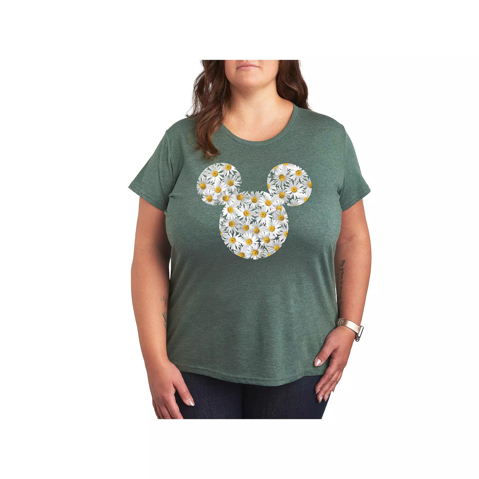 Disneys Mickey Mouse Plus Daisies Graphic Tee, Womens Grey Green Product Image