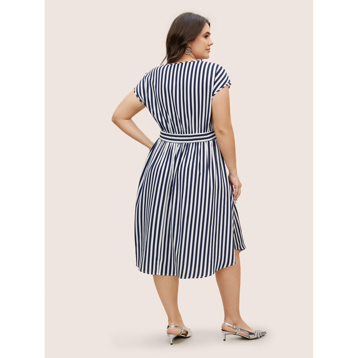 Plus Size Striped Shirred Dolman Sleeve Dress Navy Women At the Office V-neck Cap Sleeve Curvy BloomChic 26/4X Product Image