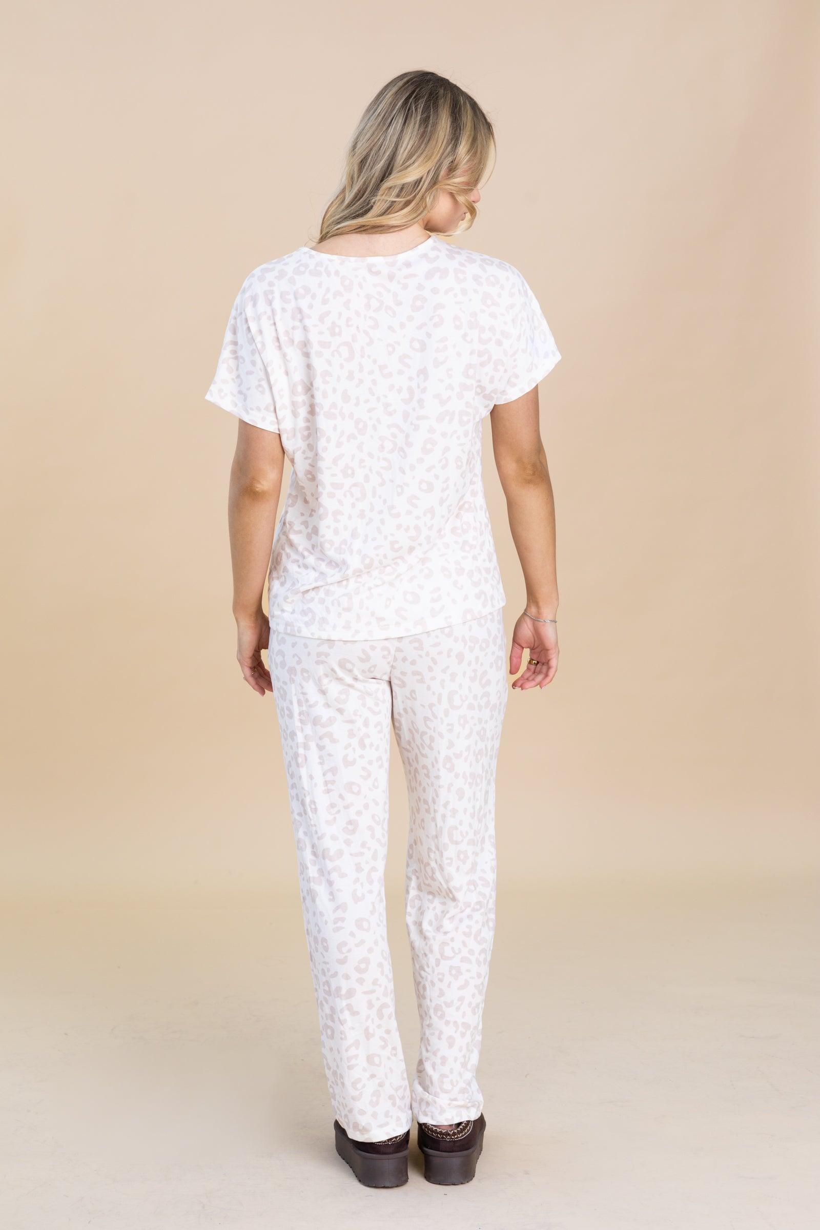 Beige Cheetah V-Neck Tee And Pant Set Product Image