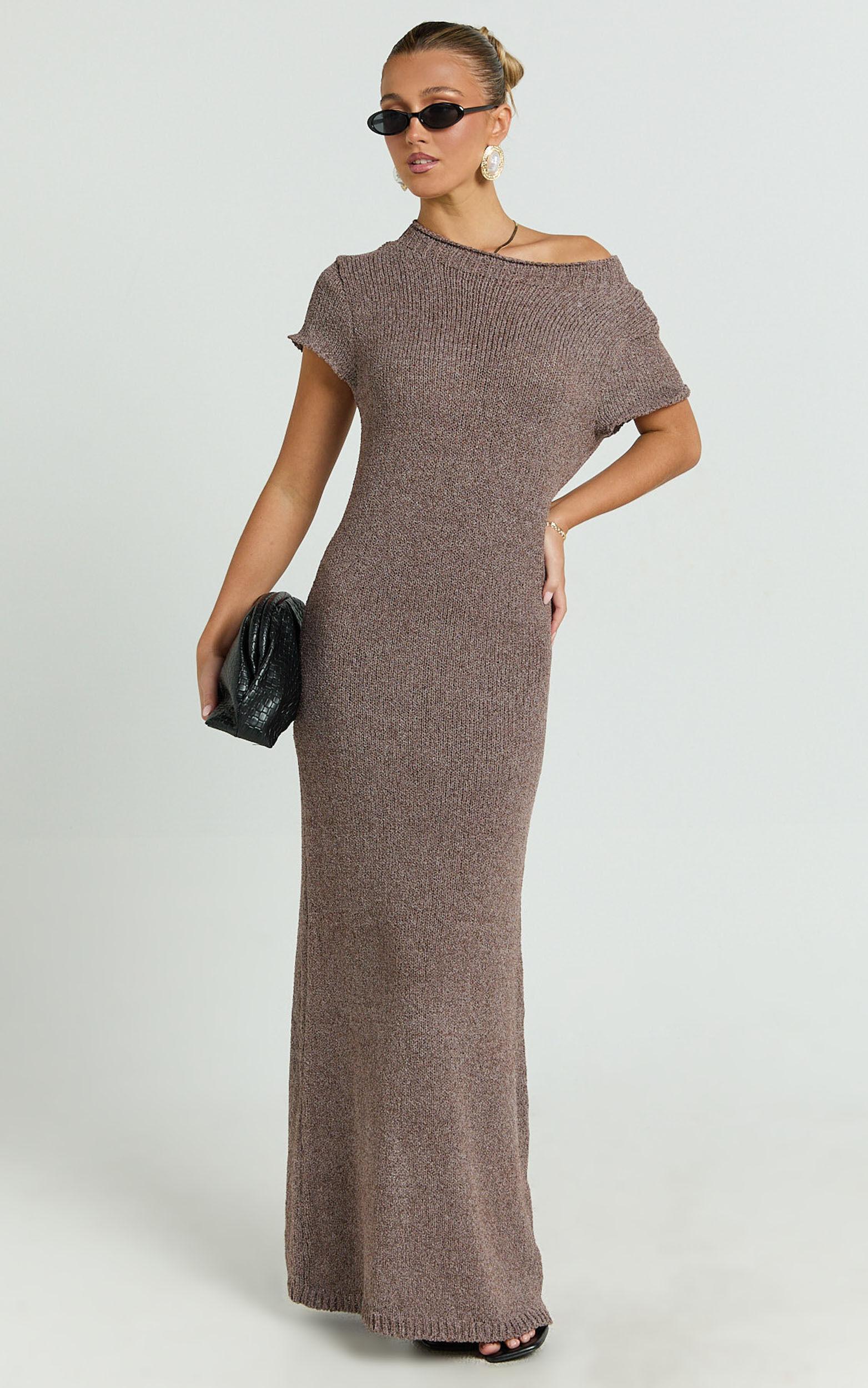 Amber Maxi Dress - Knitted T-Shirt Dress in Brown Product Image