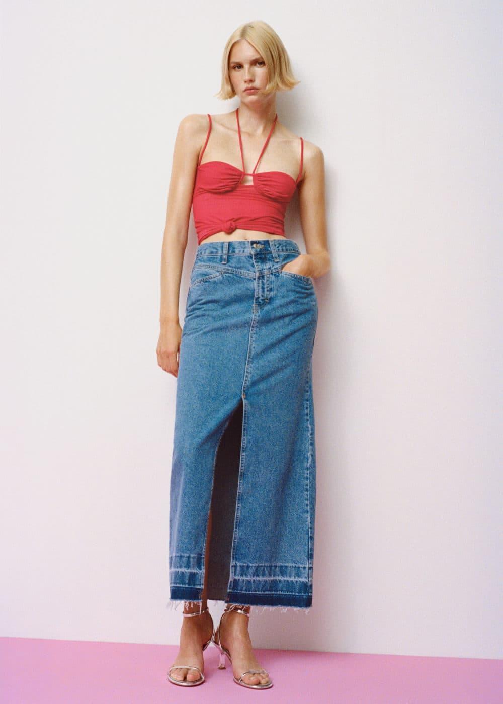 Mango raw hem detail denim maxi skirt Product Image
