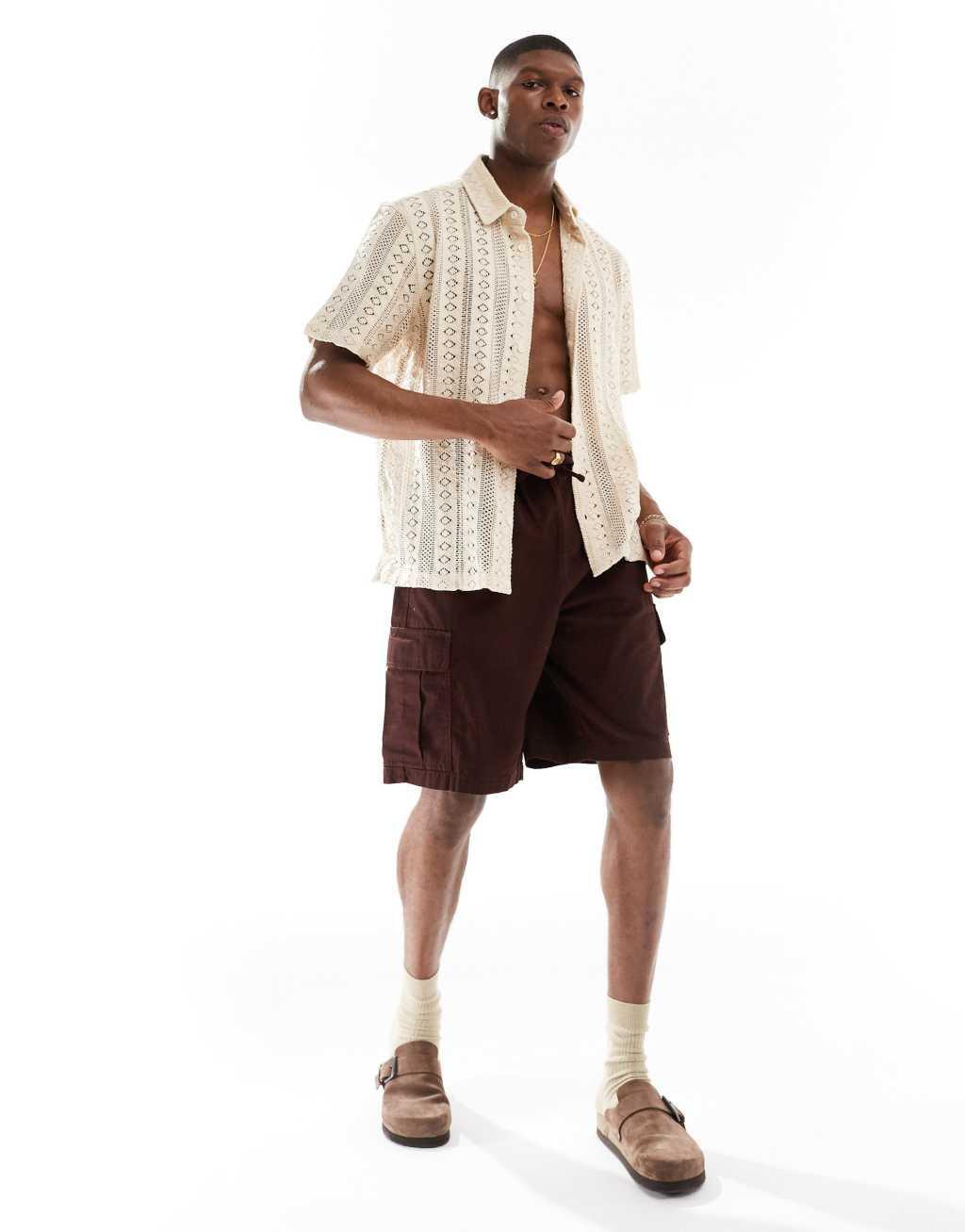 Bershka embroidered textured shirt in ecru Product Image