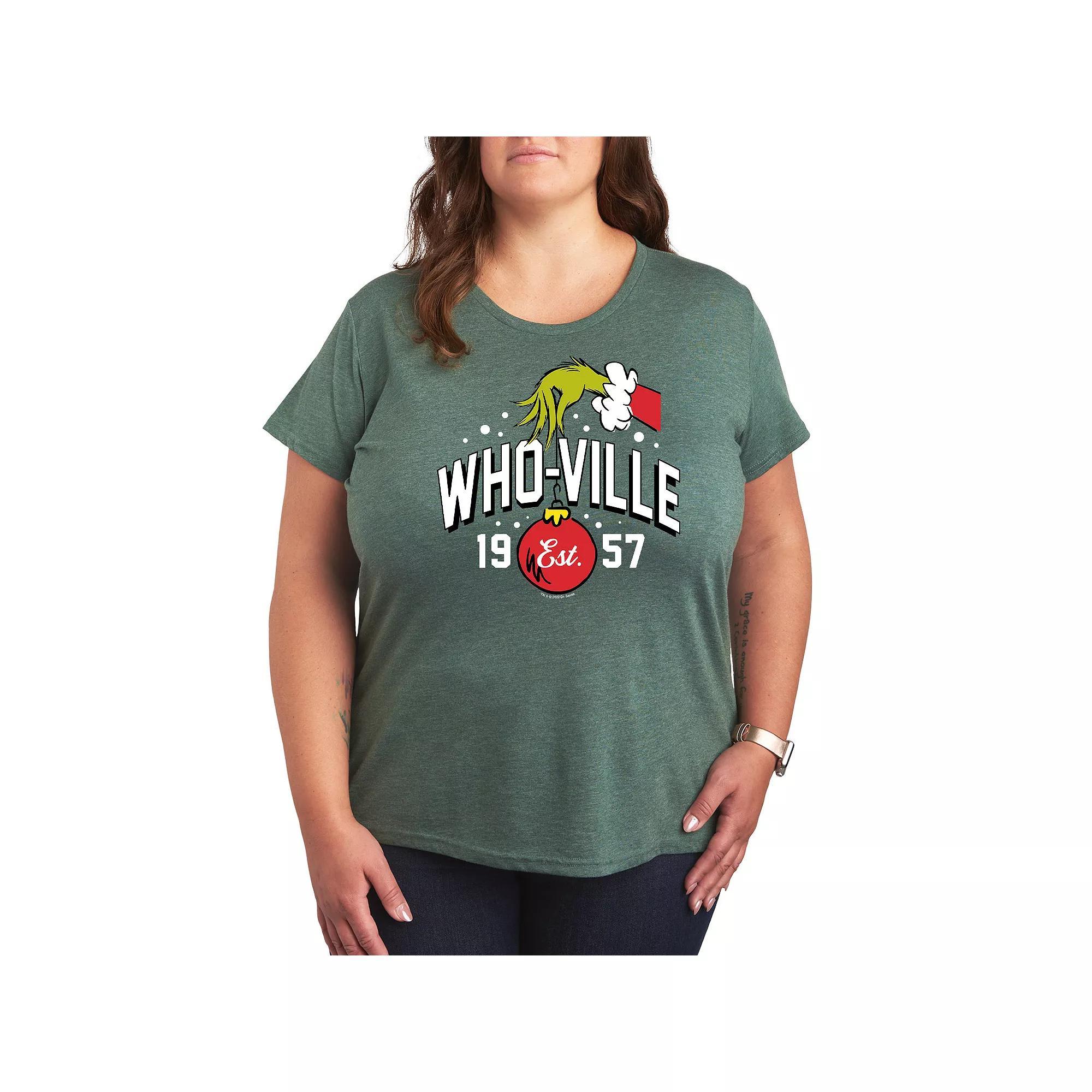 Plus Size Dr. Seuss Who-Ville Grinch Hand Graphic Tee, Womens Grey Green Product Image