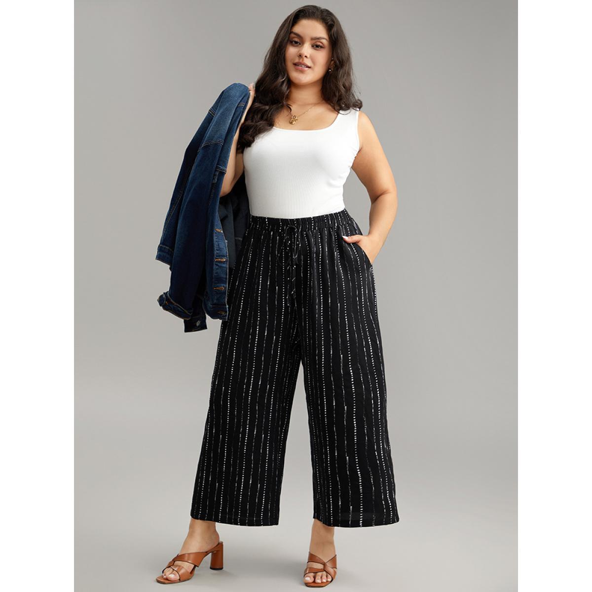 Plus Size Polka Dot Striped Ties Wide Leg Pants Women Black Vacation Wide Leg High Rise Dailywear Pants BloomChic 14-16/1X Product Image