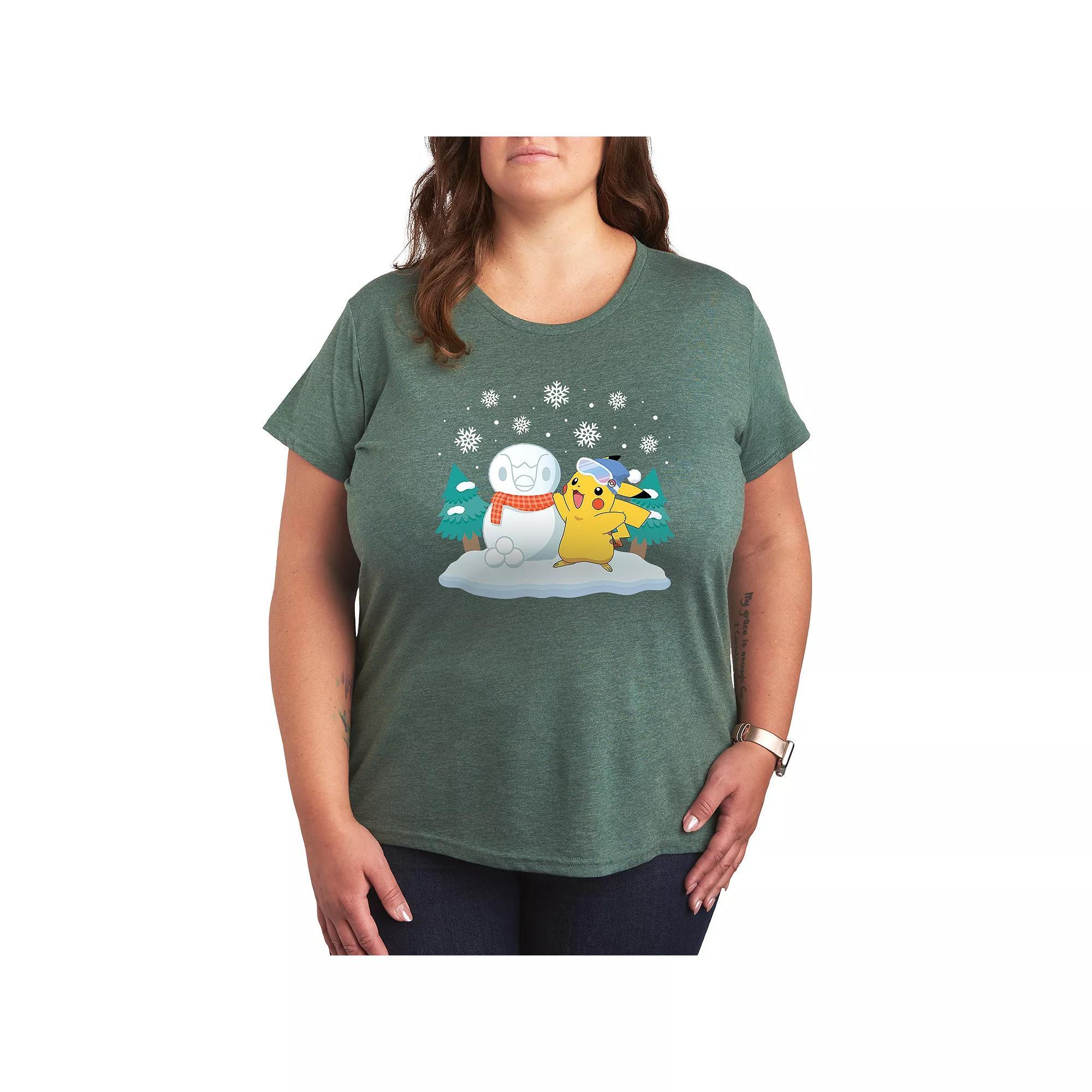 Plus Pokemon Pikachu Piplup Snowman Graphic Tee, Womens Grey Green Product Image